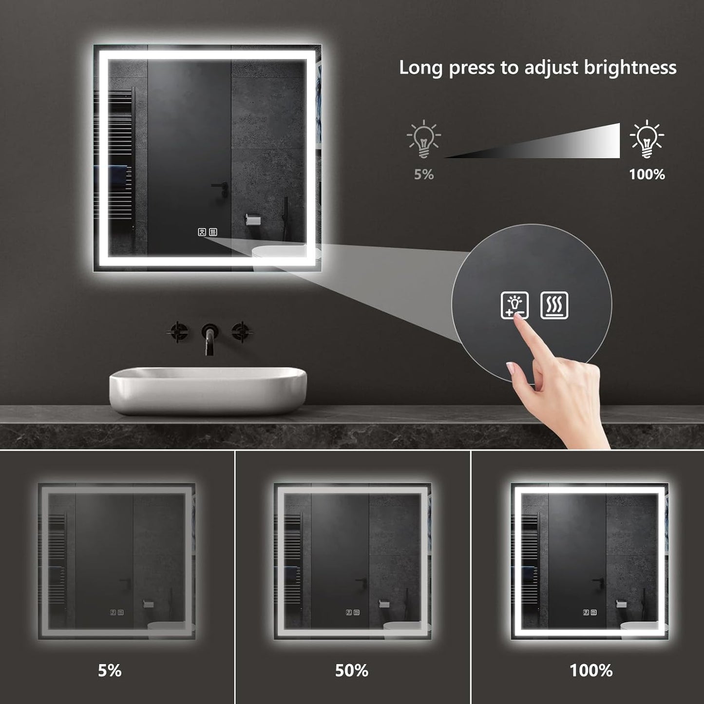 APRILSOUL 36x36 Inch LED Bathroom Mirror with Front and Backlit, Makeup Mirror with 3 Color Lights, Memory Function, Anti-Fog and Dimmable Light (Horizontal)