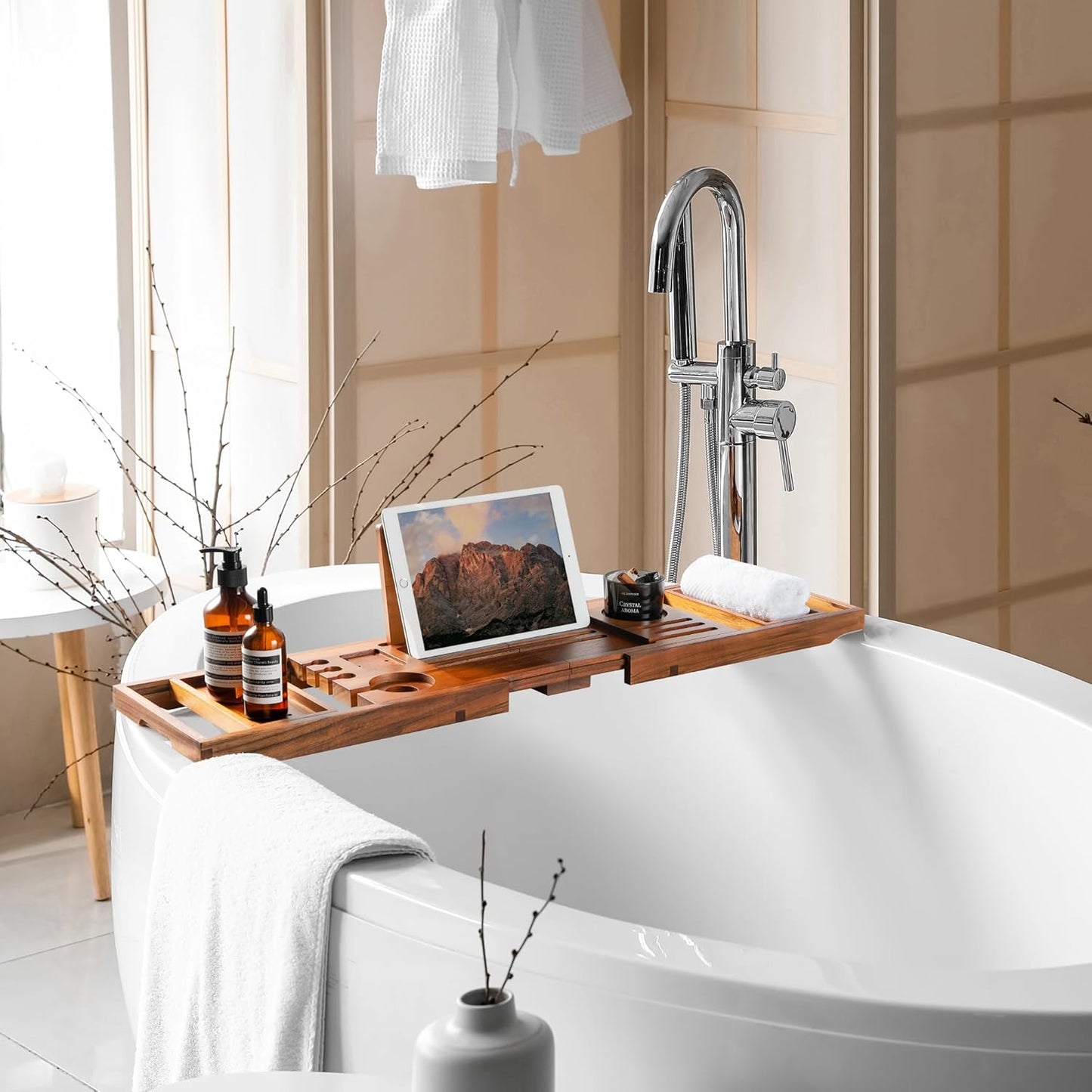 Teak Bathtub Tray | Adjustable Width Tray with Wine Holder, Tablet/Phone & Book Stand, Splash-Proof for Bath Time- Natural