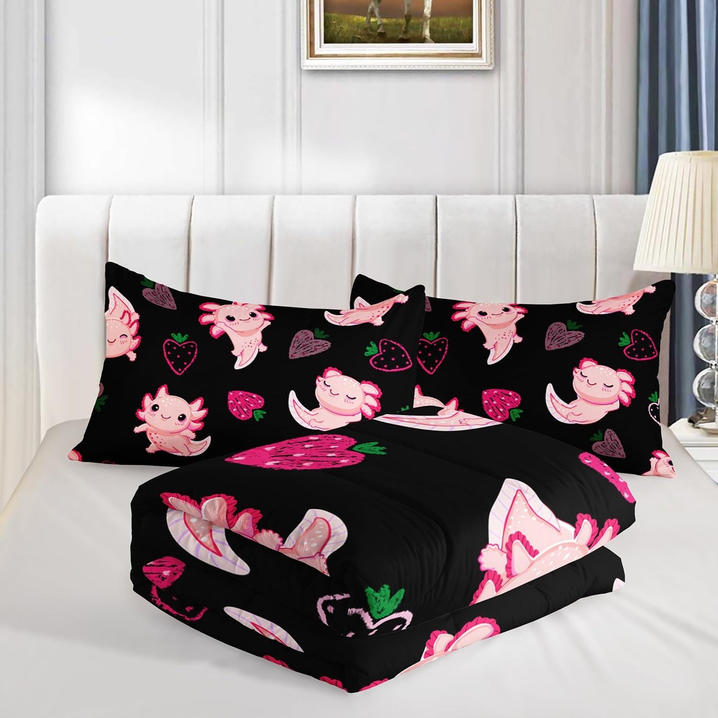 Cute Axolotl Bedding Set Full Size,Pink Axolotl Strawberry Printed Comforter Sets Aesthetic Bedding for Kids Girls,Beach Coastal Animal Themed Comforter Sets with 2 Pillowcases.