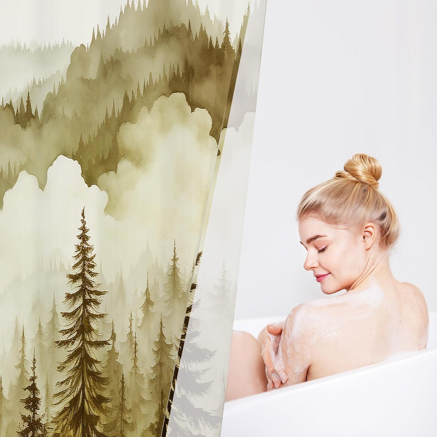 Yellow Misty Pine Forest Shower Curtain, Mountain Foggy Woodland Scenery Tree Shower Curtains for Chic Rustic Bathroom, Abstract Modern Waterproof Nature-Themed Decor, 72x72 Inches