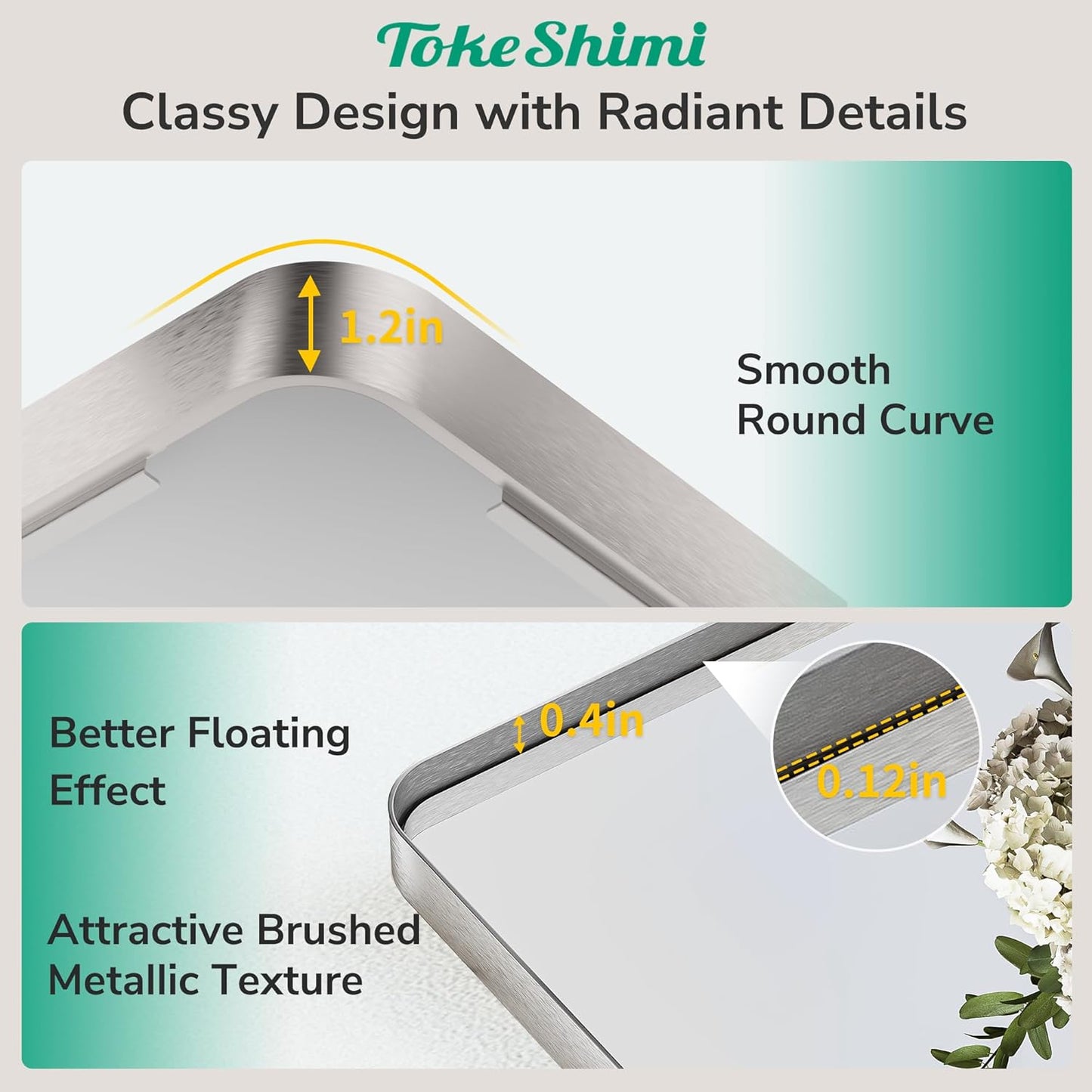 TokeShimi 48x24 Brushed Nickel Bathroom Mirror for Over Sink,Bathroom Rectangle Mirror with Tempered Glass,Vanity Mirror with Aluminum Frame(Horizontal/Vertical)