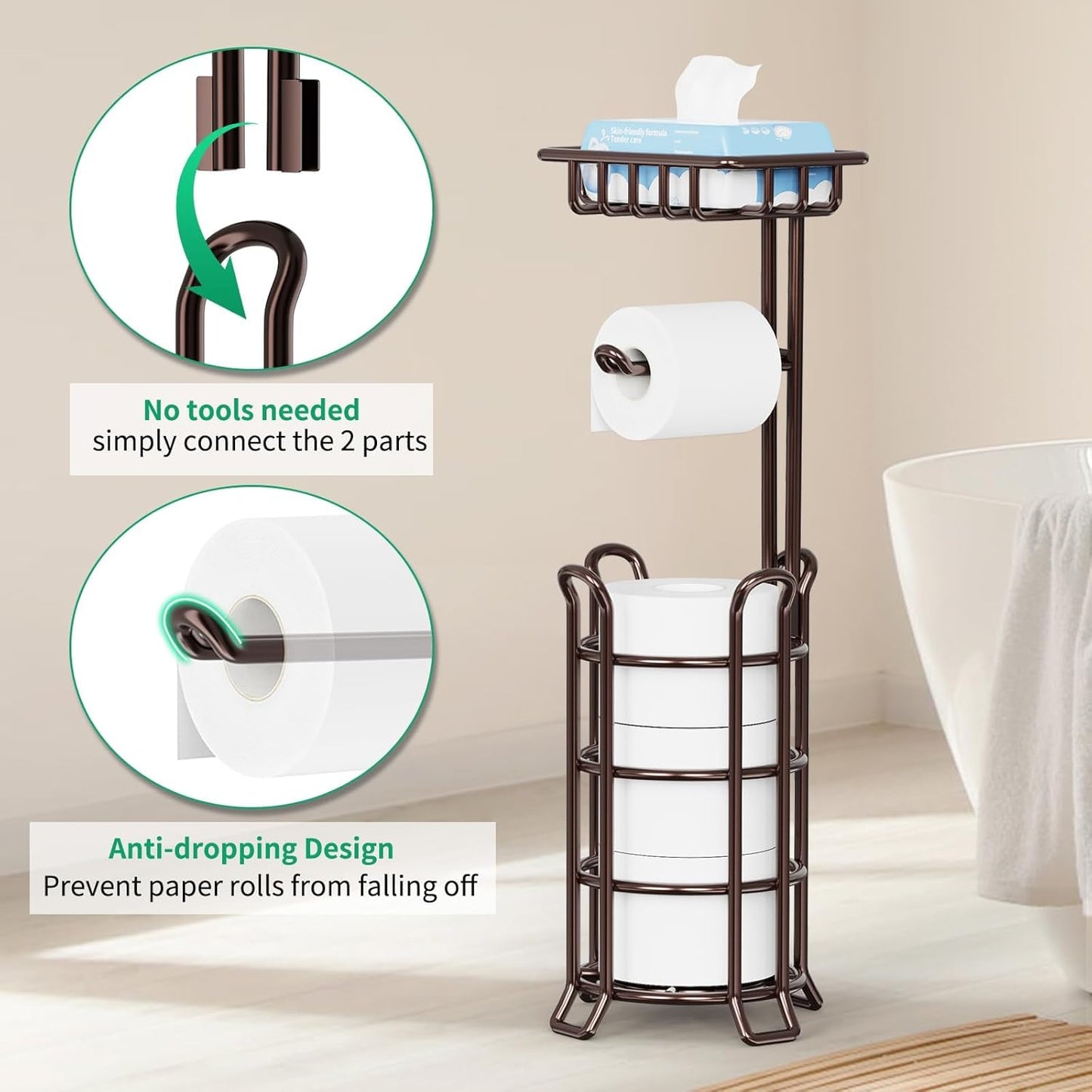 TomCare Toilet Paper Holder Upgraded Toilet Paper Stand with 4 Raised Feet Metal Free Standing Tissue Paper Roll Dispenser with Storage Shelf Sturdy Bathroom Accessories (Bronze)