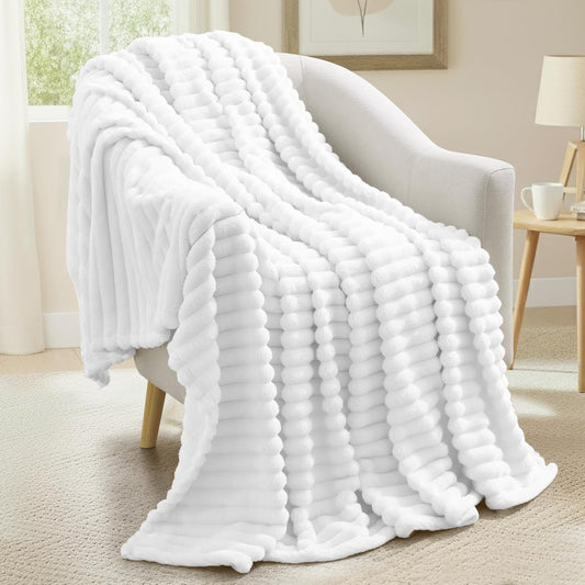 decorUhome Christmas Soft Fleece White Twin Blanket for Bed, Cozy Fluffy Plush Flannel Striped Throws for Couch Sofa, Lightweight Decorative Ribbed Fuzzy Blanket for Woman, 60x80 Inches