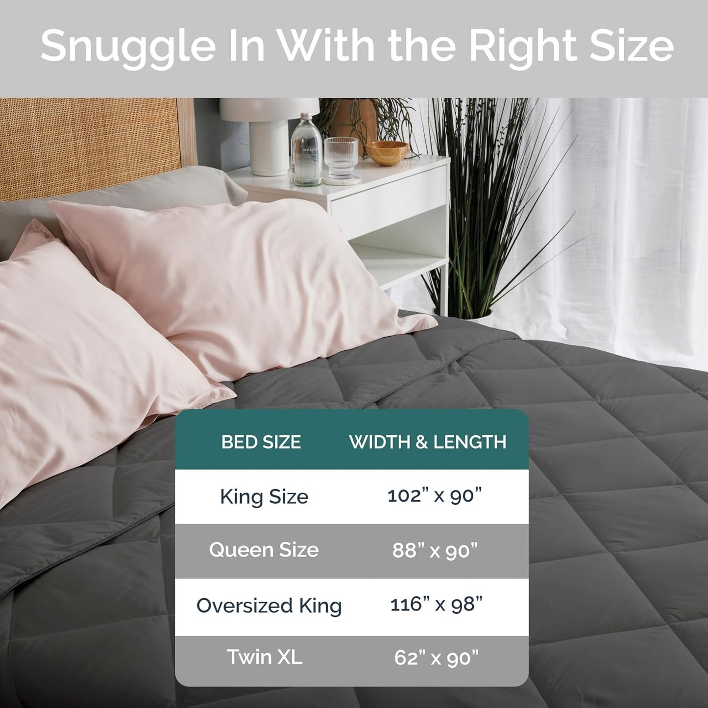 100% Viscose Derived from Bamboo Comforter, Cooling Comforter, Duvet Insert, Breathable, Extra Fluffy, Lightweight Comforters, Charcoal - King Size