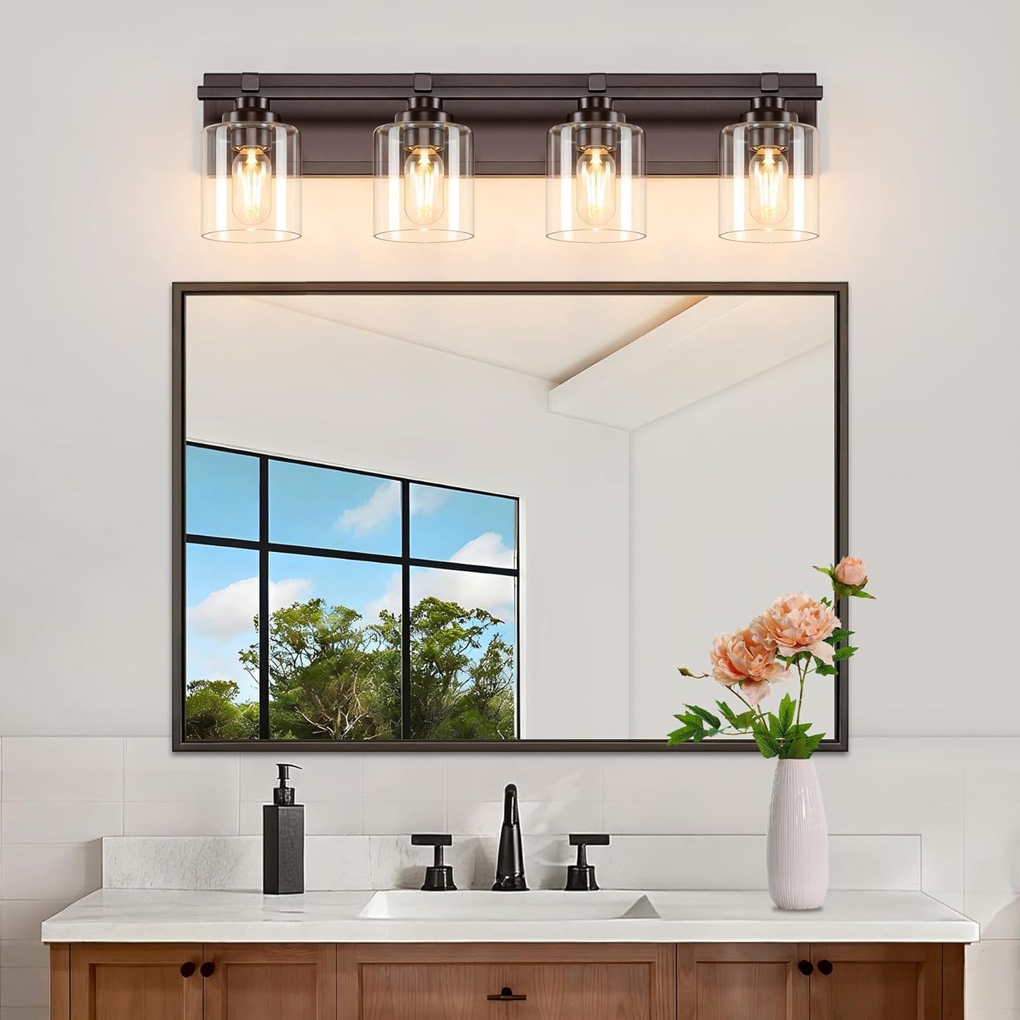 4 Light Modern Bathroom Light Fixtures Over Mirror, Bronze Finish Vanity Lights for Bathroom Wall Sconces with Clear Glass Shades, E26 Socket (Bulbs Not Included)