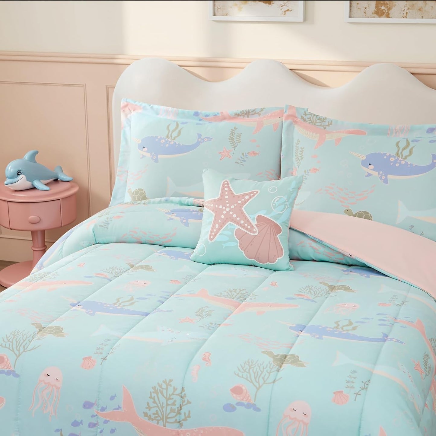 Glow in The Dark Kids Comforter Set Full Size for Girls, Ocean Animals Bedding Set 1 Comforter, 1 Decor Pillow, 2 Pillow Shams