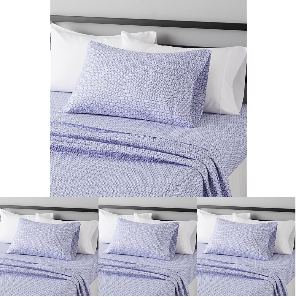 Amazon Basics Lightweight Super Soft Easy Care Wrinkle Free Microfiber 3 Piece Bed Sheet Set with 14-Inch Deep Pockets, Twin, Blue Damask, Printed, Kids, Men & Women Bedding (Pack of 4)