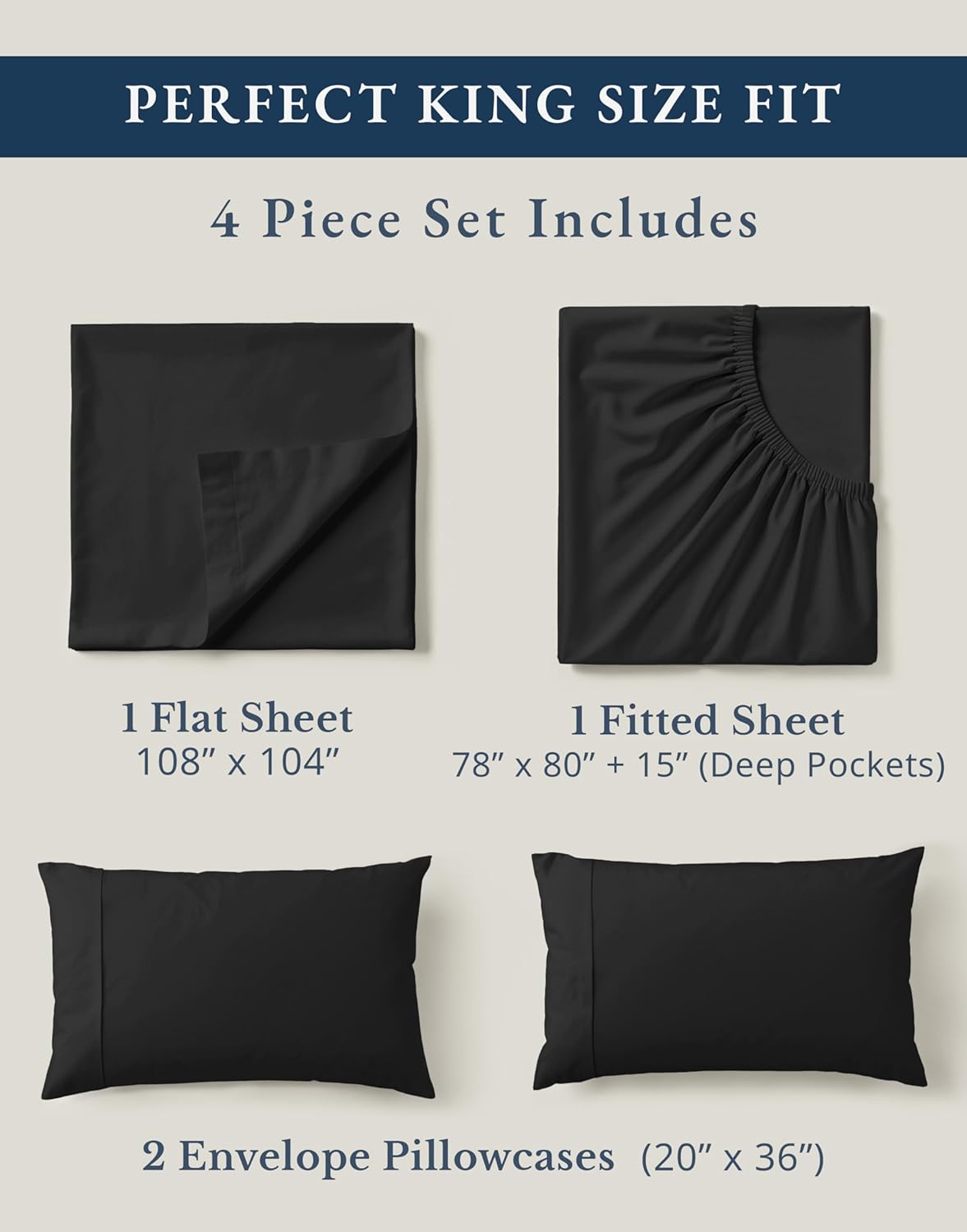 LANE LINEN 100% Organic Cotton Bed Sheets King Size, Soft & Comfy Fully Elasticized Percale Bedding Sheets & Pillowcase Set, Low Pilling Machine Washable King Sheet- Black Sheets