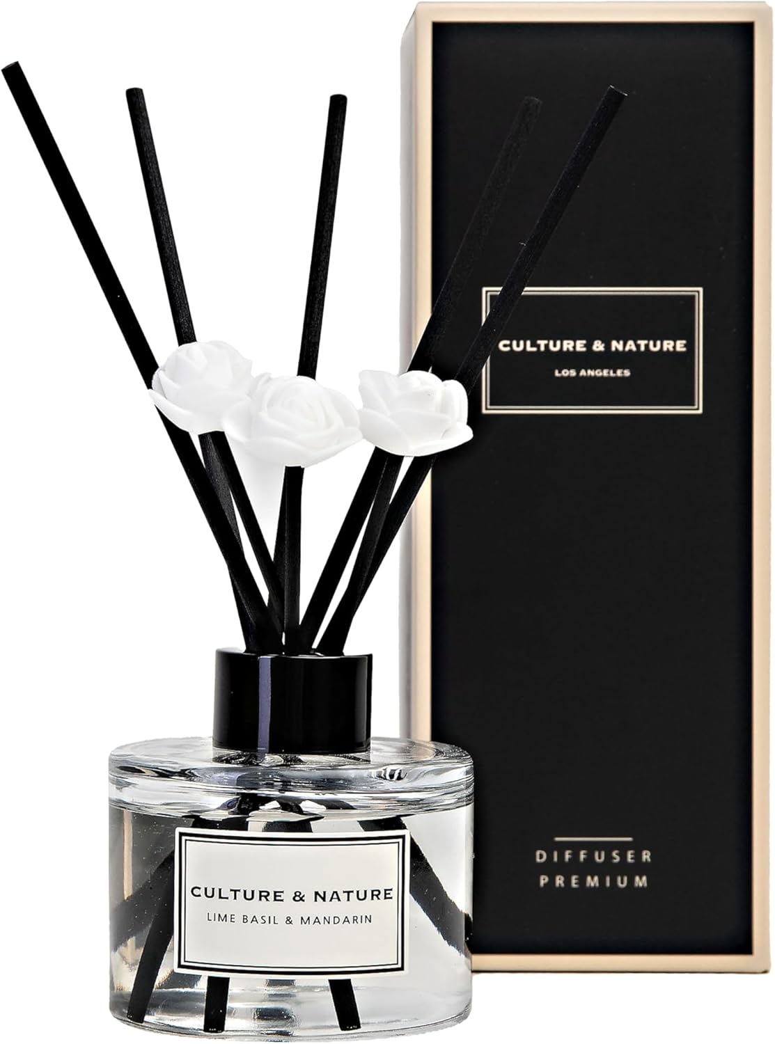 CULTURE & NATURE Reed Diffuser Set 4oz (120ml) Lime Basil & Mandarin Scented Diffuser with Sticks Home Fragrance Reed Diffuser for Bathroom Shelf Decor