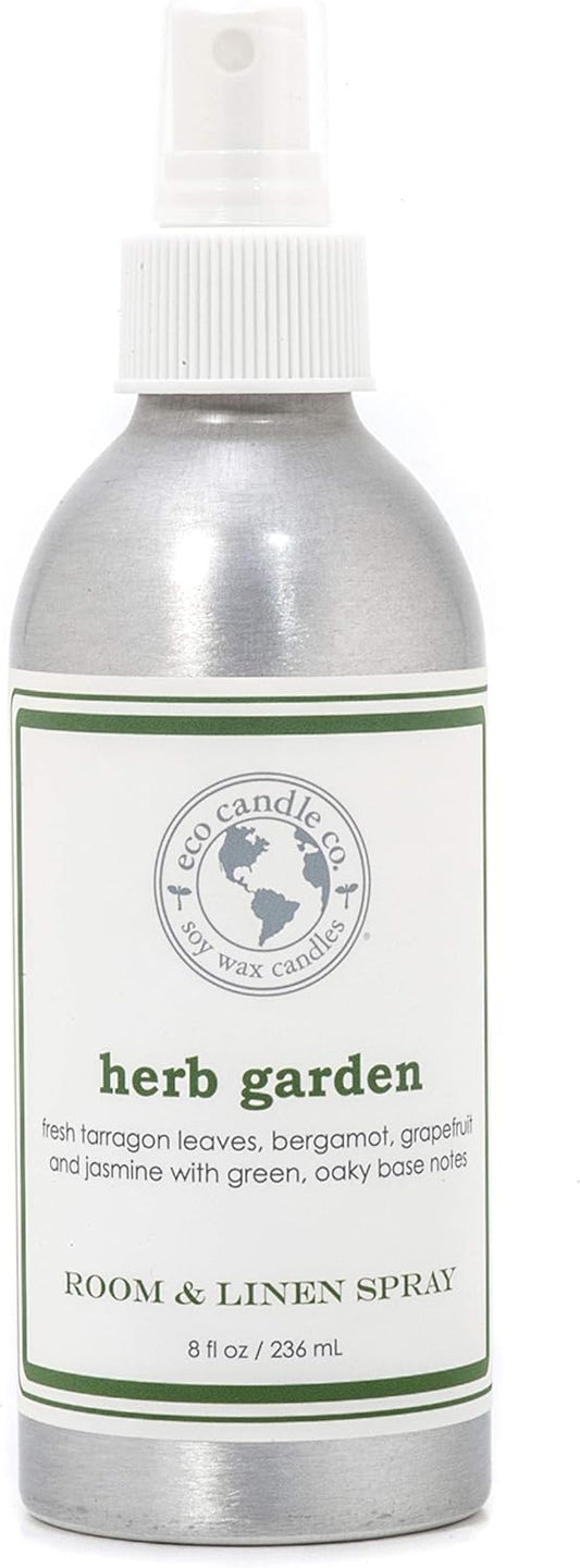 ECO CANDLE CO. Room & Linen Spray, Herb Garden, 8 oz. - Scents Of Tarragon, Bergamot, Grapefruit, & Jasmine - Recycled Aluminum Bottle, No Propellents, Pump Top, All Natural Ingredients