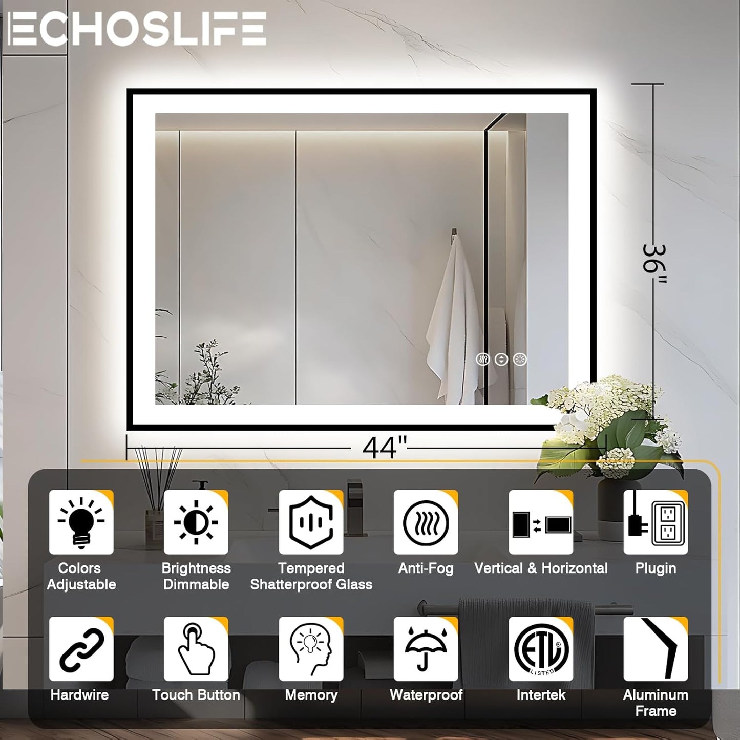 44x36 LED Light Mirror for Bathroom - Black Framed Mirror (Front and Backlit), Anti-Fog Bathroom Vanity Mirror, Stepless Dimmable Lighted Mirror, Tempered Glass, Memory (Horizontal/Vertical)