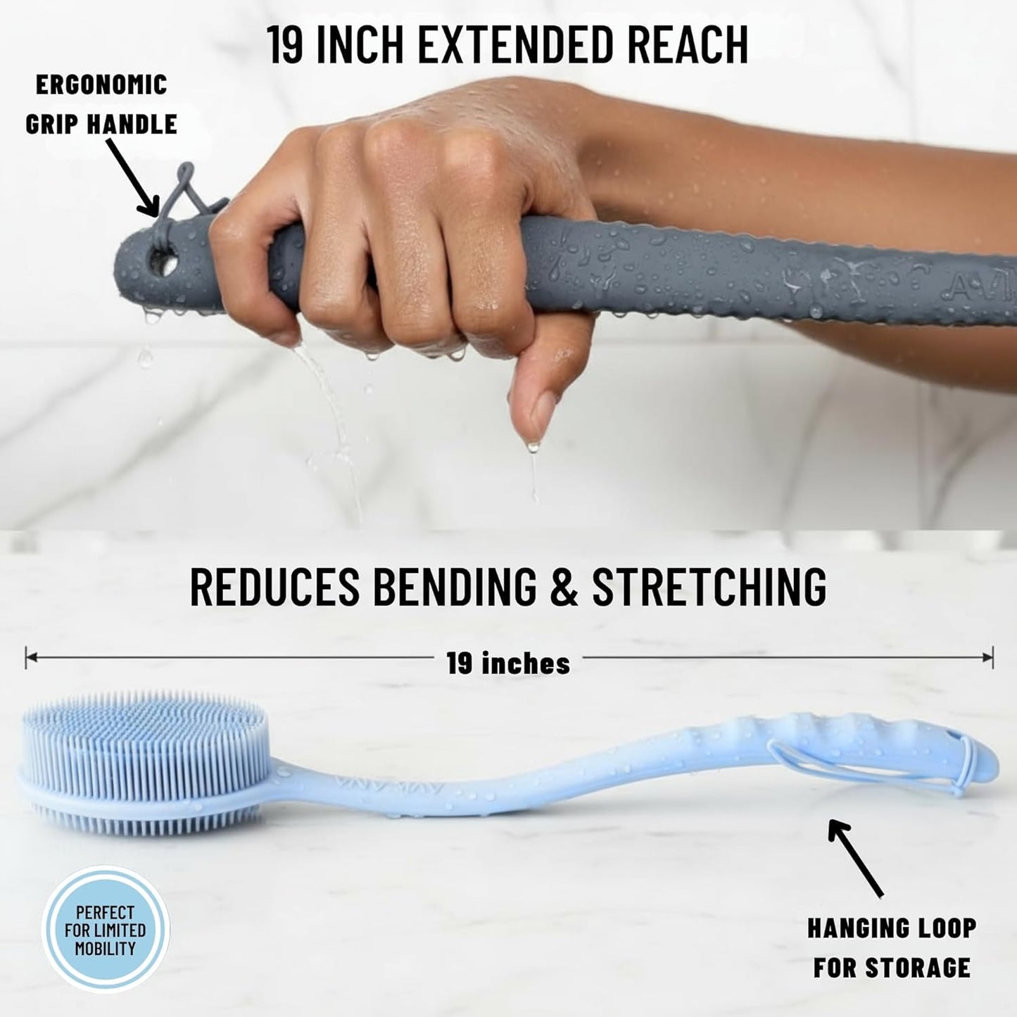 Long Handle Back Scrubber for Shower - 19 inch Extended Reach Silicone Body Brush - Avilana Bath Scrubber Extended Reach Tool - Easy Grip Body Wash Brush Gift