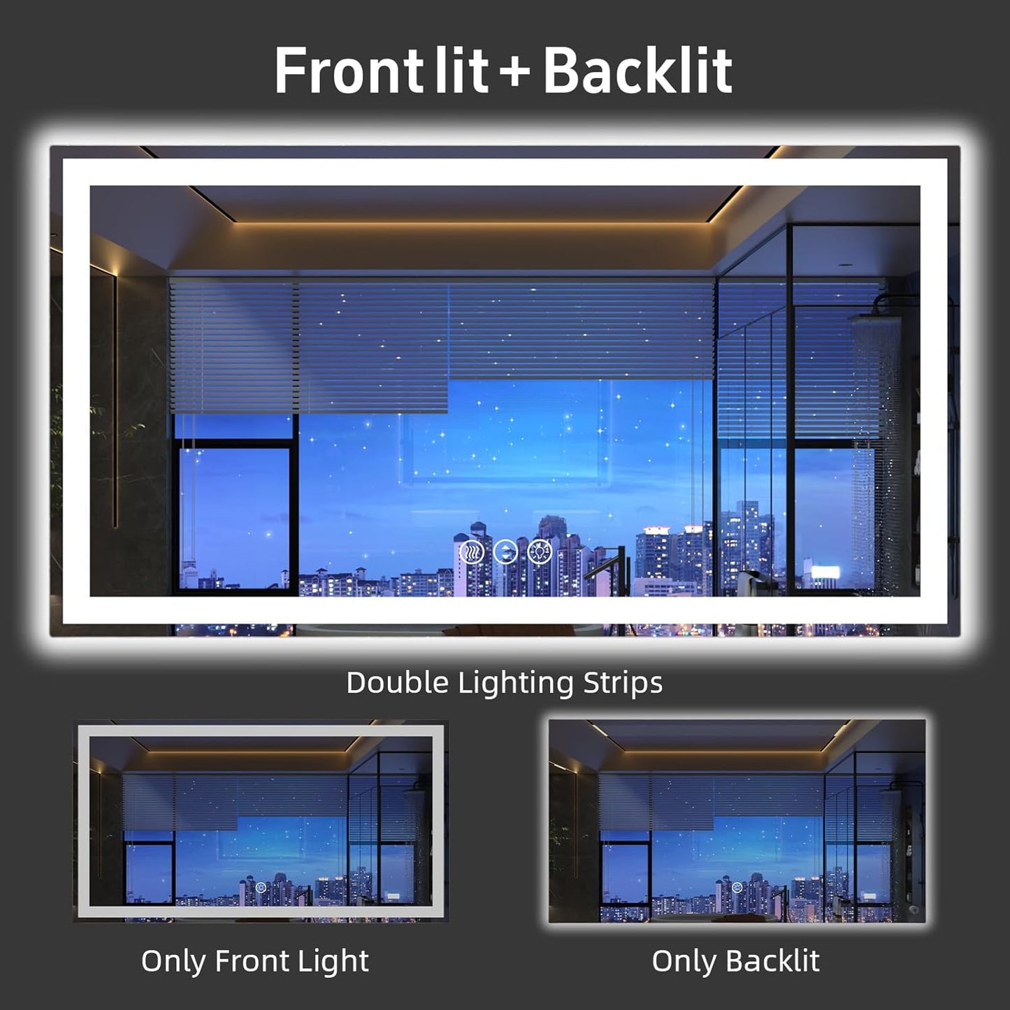 60"x 36" LED Bathroom Mirror, Double Lighting Sources Dimmable, Backlit + Front Lit, Anti-Fog, Stepless Dimmable, Lighted Bathroom Vanity Mirror for Wall Tempered Glass (Horizontal/Vertical)