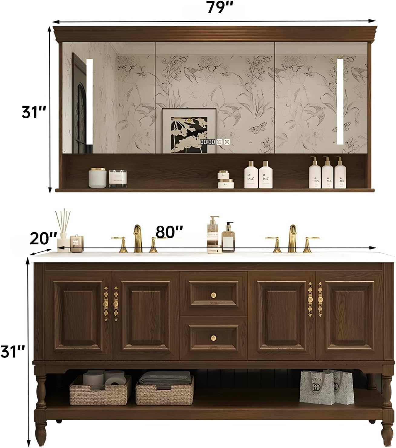 80" Double Bathroom Vanity with Sink,Freestanding Bathroom Vanity Large Storage Cabinet & Open Mirror Cabinet,4 Soft Closing Doors and 2 Drawers Solid Wood Luxury Bathroom Vanities Set,Brown