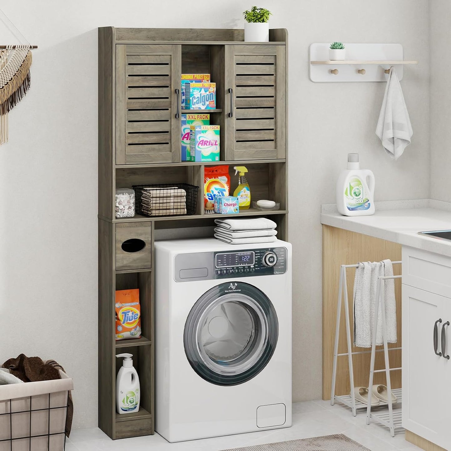 Over The Toilet Storage Cabinet, Farmhouse Storage Cabinet Over Toilet with 2 Louvered Door，Home Space-Saving Toilet Rack, for Restroom, Laundry， Bathroom