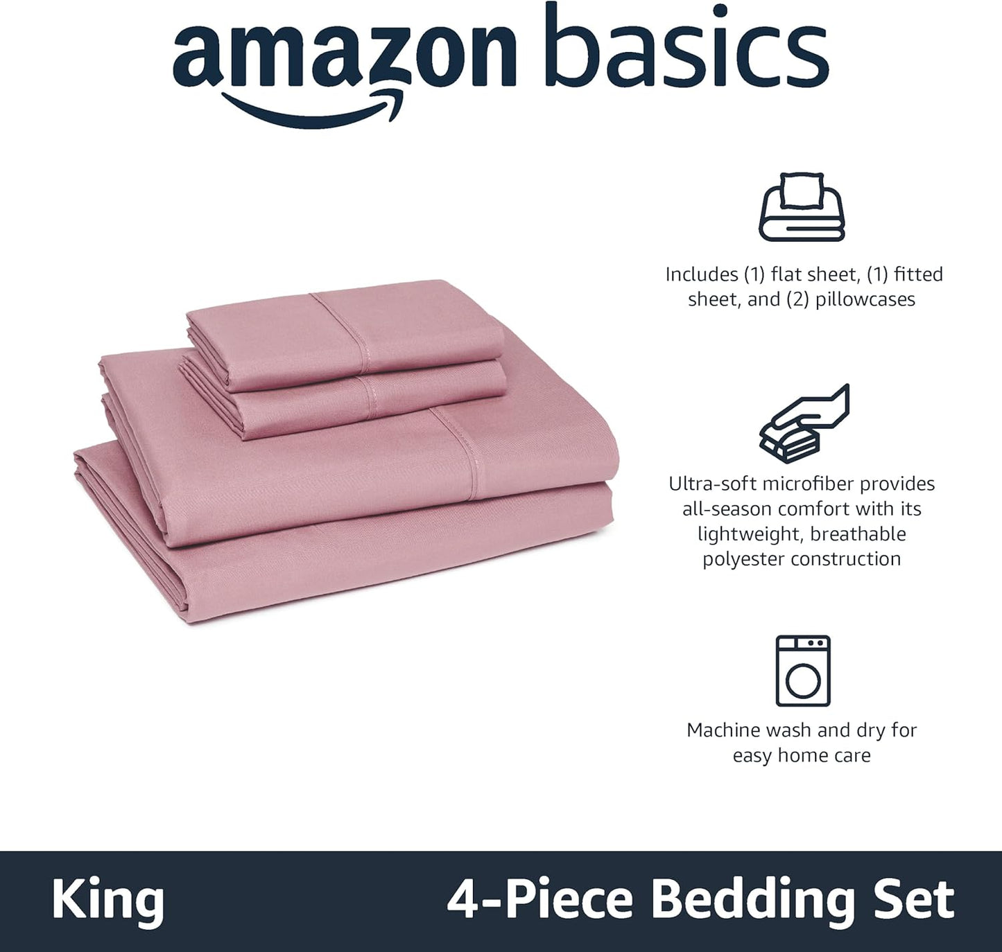 Amazon Basics Lightweight Microfiber 4-Piece Bed Sheet Set, Rose, Solid, King