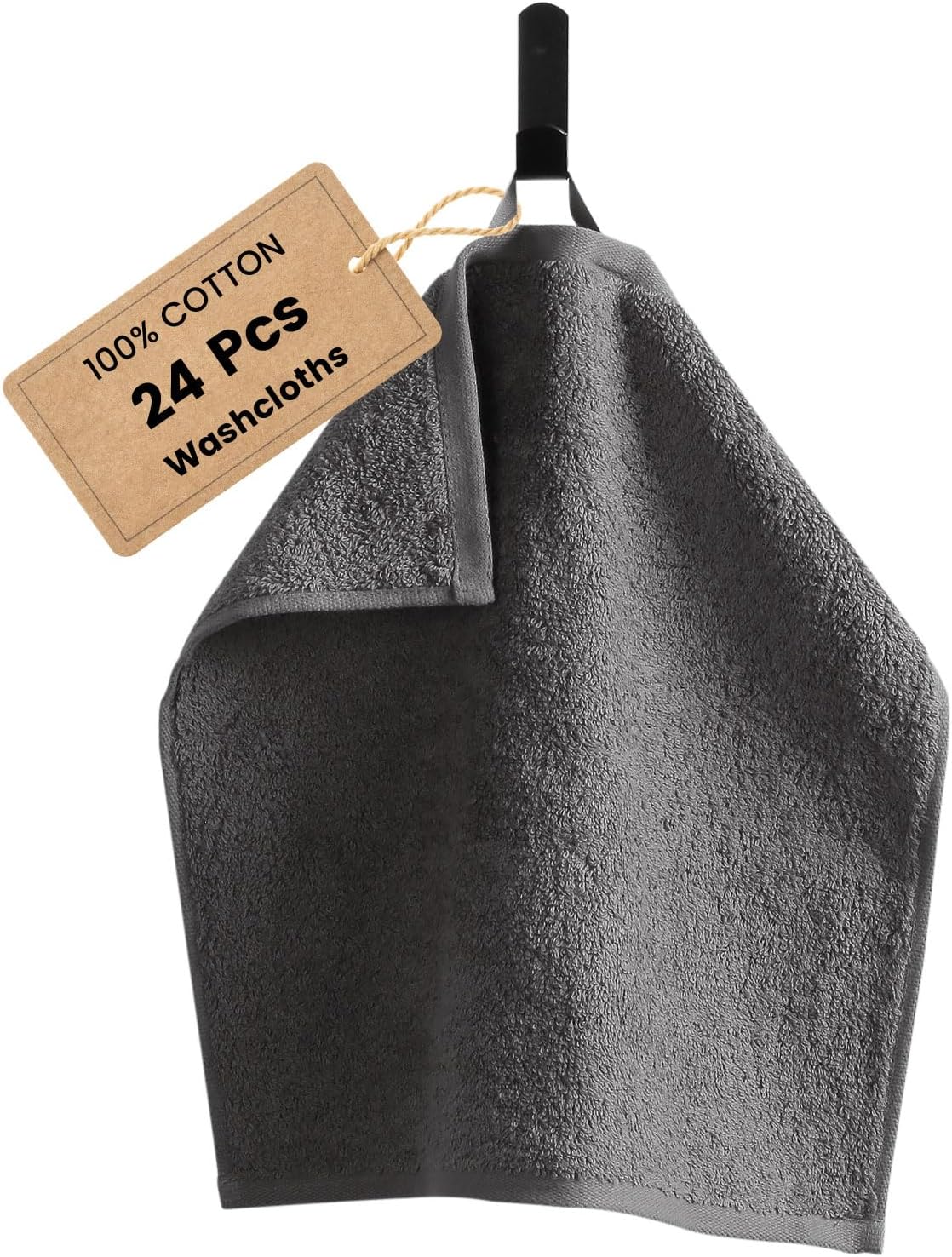 SEMAXE 100% Cotton Washcloths for Bathroom - 24 Pack, Quick-Dry Face Towels with Hanging Loop, Highly Absorbent and Soft, 13x13 Inch, Grey