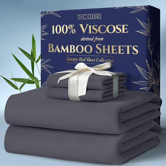 DECOLURE 100% Viscose Derived from Bamboo Sheets Full Size 4pcs - Ultra Soft & Luxuriously Cooling, 17" Deep Pocket, Double Stitching, Perfect for Hot Sleepers - Full Bed Sheets (Grey)