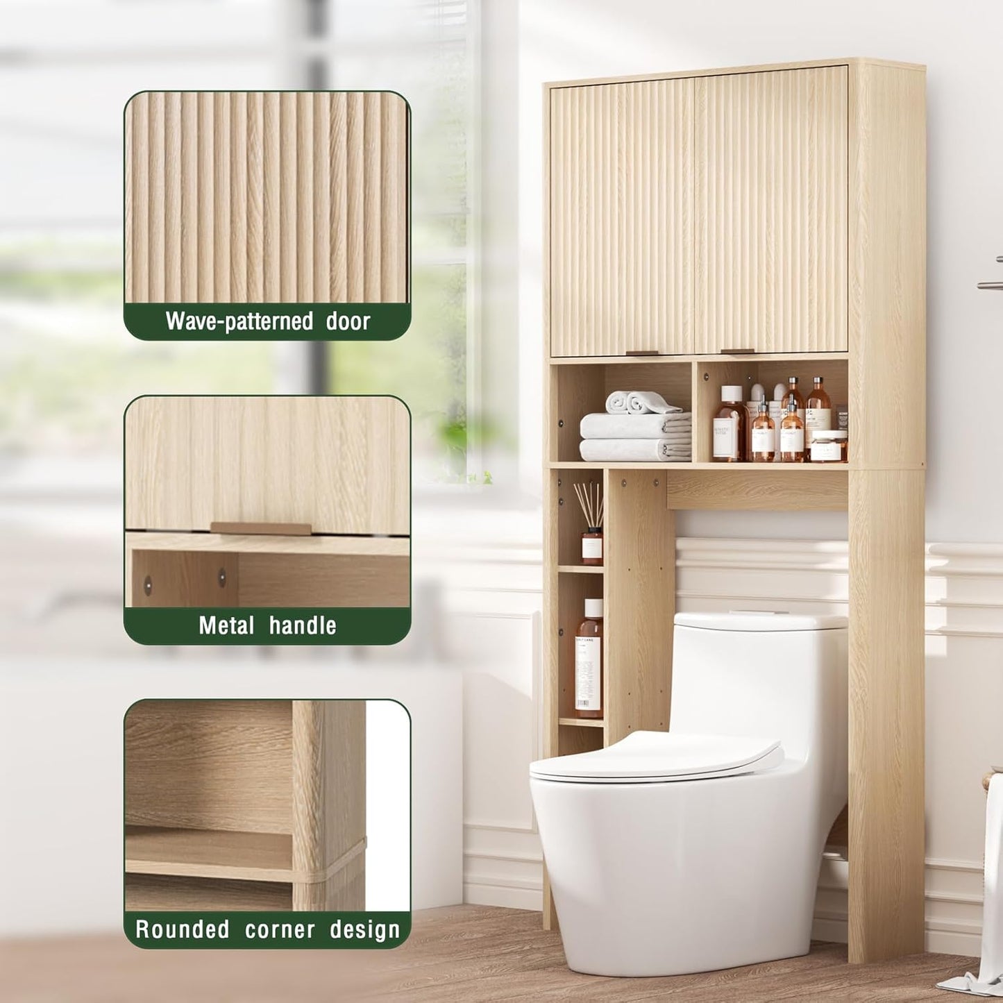 31" W Over The Toilet Storage Cabinet with Fluted Door, Oak Bathroom Organizer with Adjustable Shelf, Natural Toilet Paper Holder Stand Wave Door for Restroom, Laundry Room