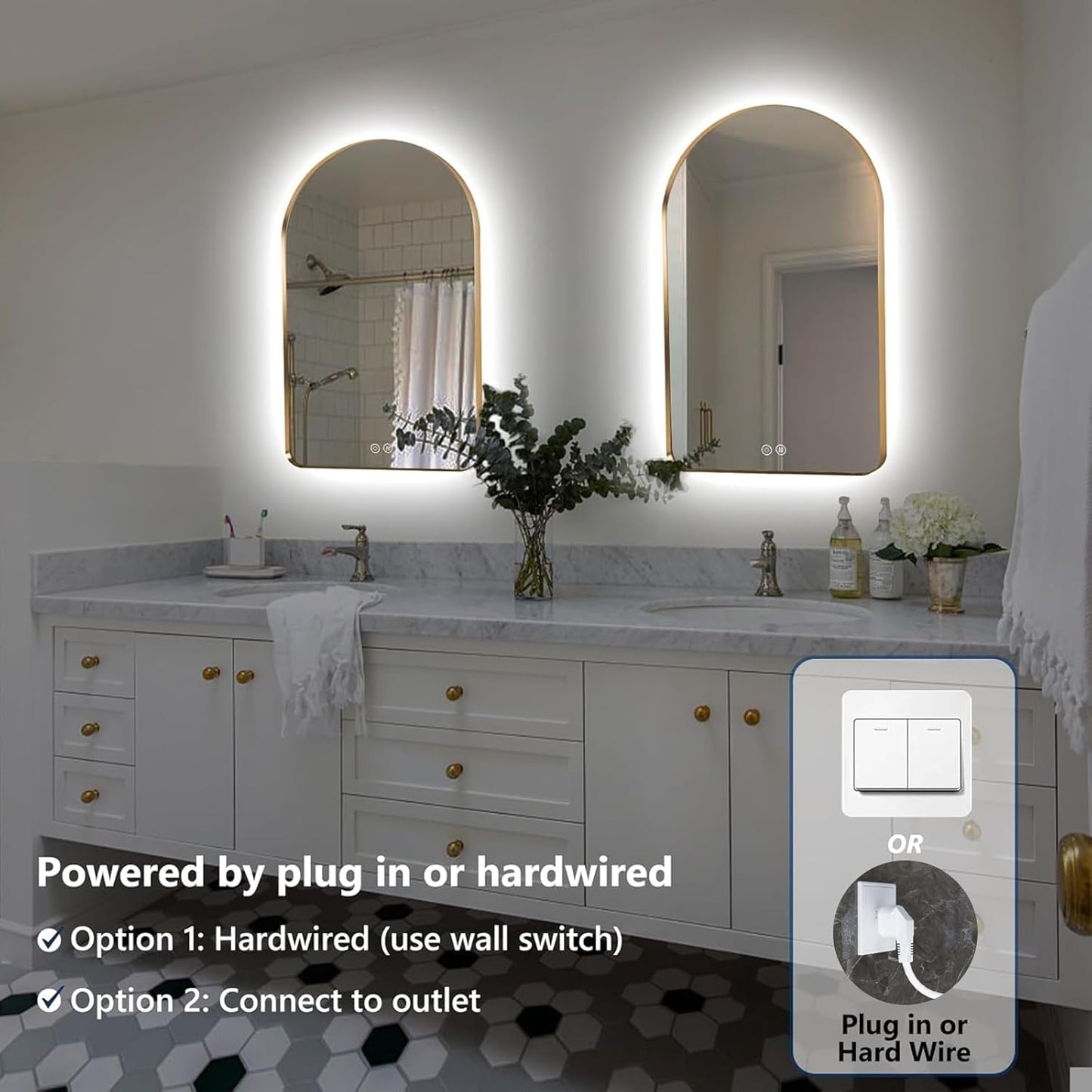 Niccy Arched LED Lighted Bathroom Mirror, 40x24 Inch Backlit Vanity Bathroom Mirror with Lights Brushed Gold Framed Wall Mounted Mirrors with 3 Color Shatterproof Arch Smart Fog Free Mirror
