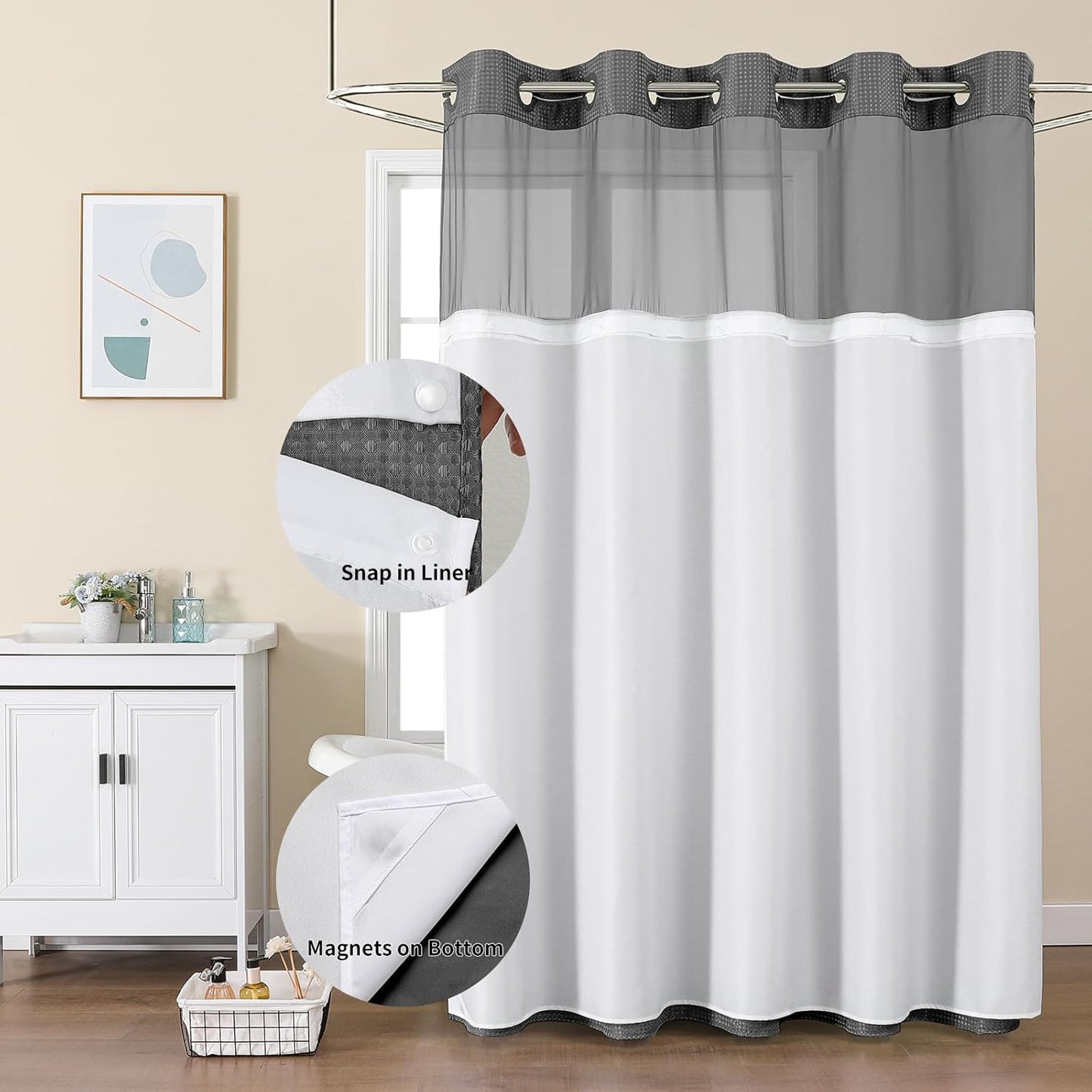 Colorful Star No Hook Shower Curtain with Snap in Fabric Liner, Waffle Heavy Duty Thick Shower Curtains with Mesh Top Window, Hotel Style Waterproof Bathroom Curtain Set, 72'' x 87'', Charcoal Grey