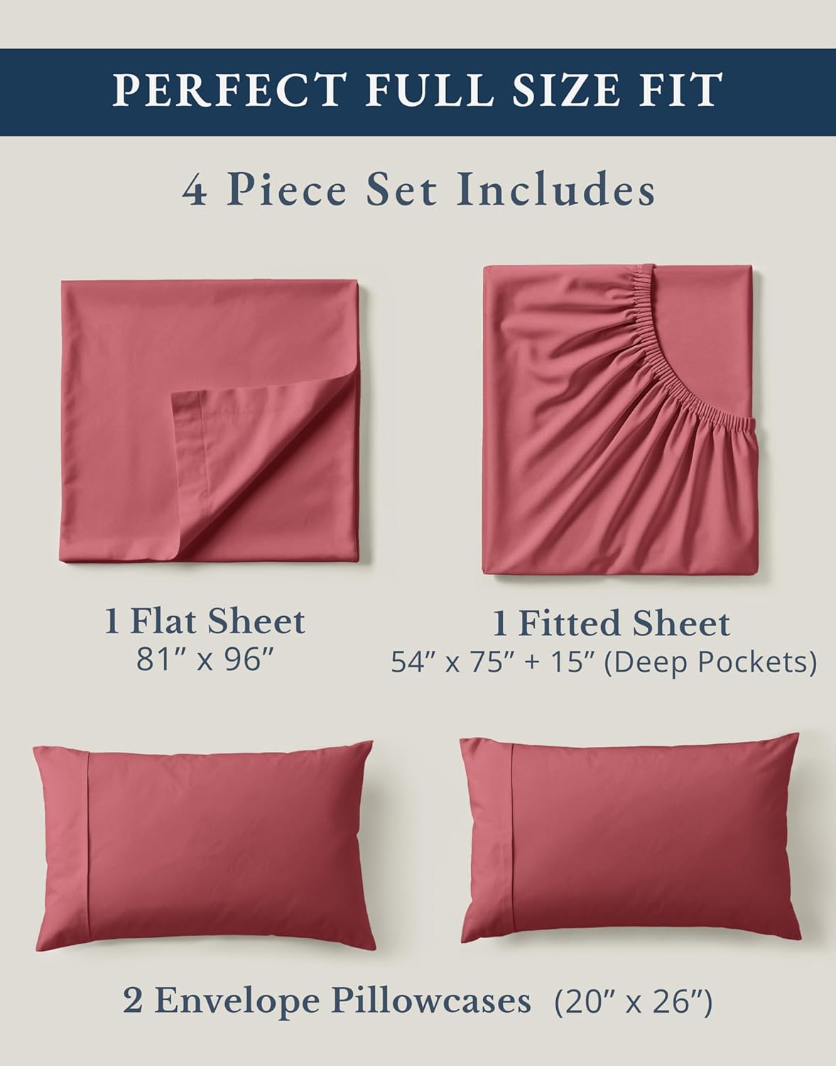 LANE LINEN 100% Organic Cotton Bed Sheets Full Size, Fully Elasticized Sustainably Produced Soft & Comfy, Machine Washable Naturally Cooling Full Sheet Deep Pocket Bedding - Mineral Red