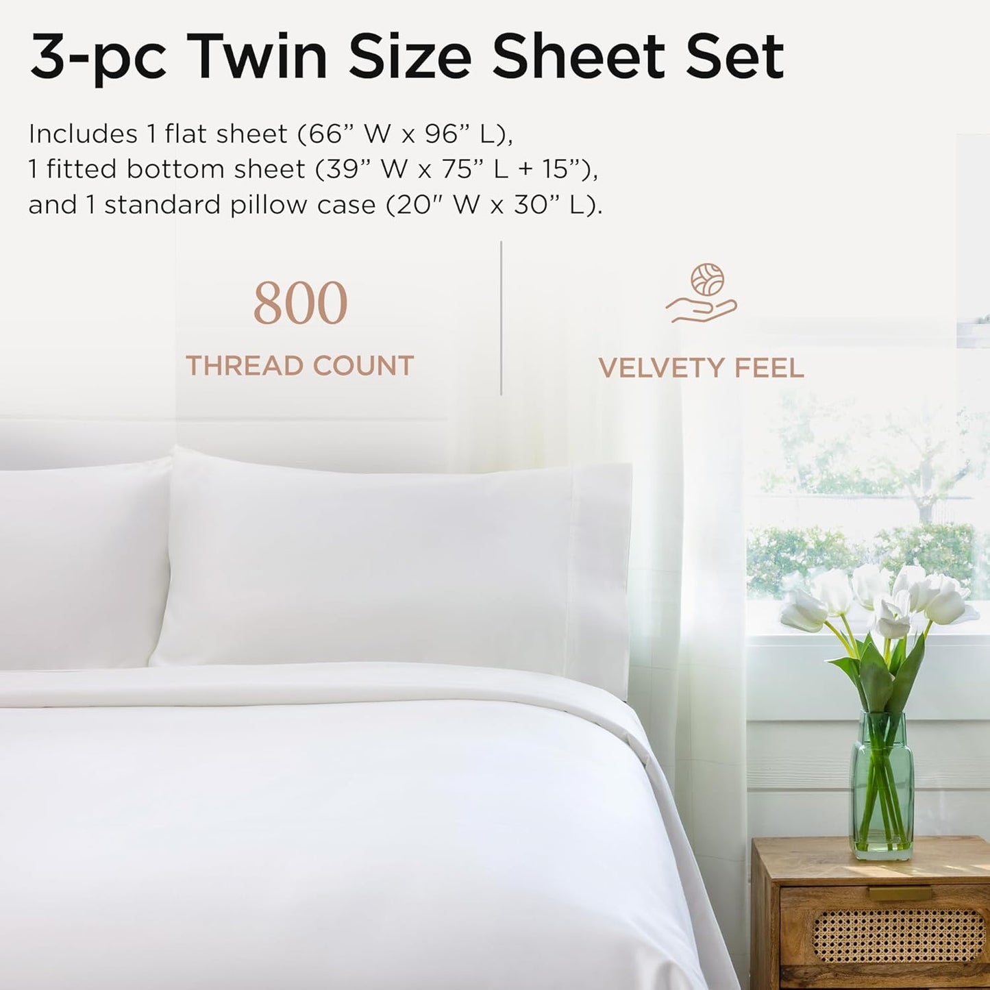 Threadmill Luxury 800 Thread Count Twin 100% Cotton Sheets - Hotel White Sateen Weave Bed-Sheets, Better Than Egyptian Cotton,3 Pc Solid Soft Bedding Set, Fits 15" Deep Pocket