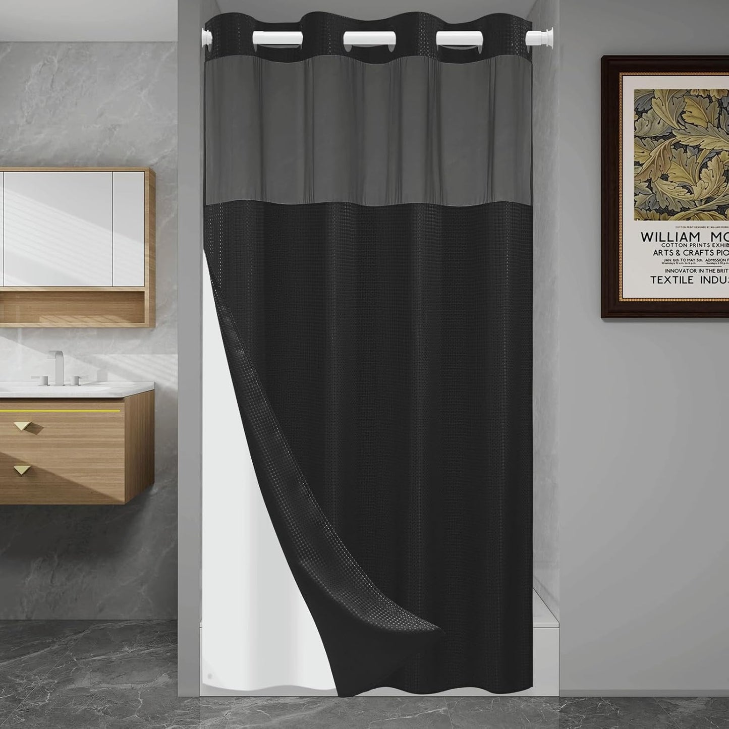 No Hook Shower Curtain with Snap in Liner Set Waffle Shower Curtain for Bathroom Hotel Style Fabric Waterproof Inner Liner，36" W x 74" H, Black