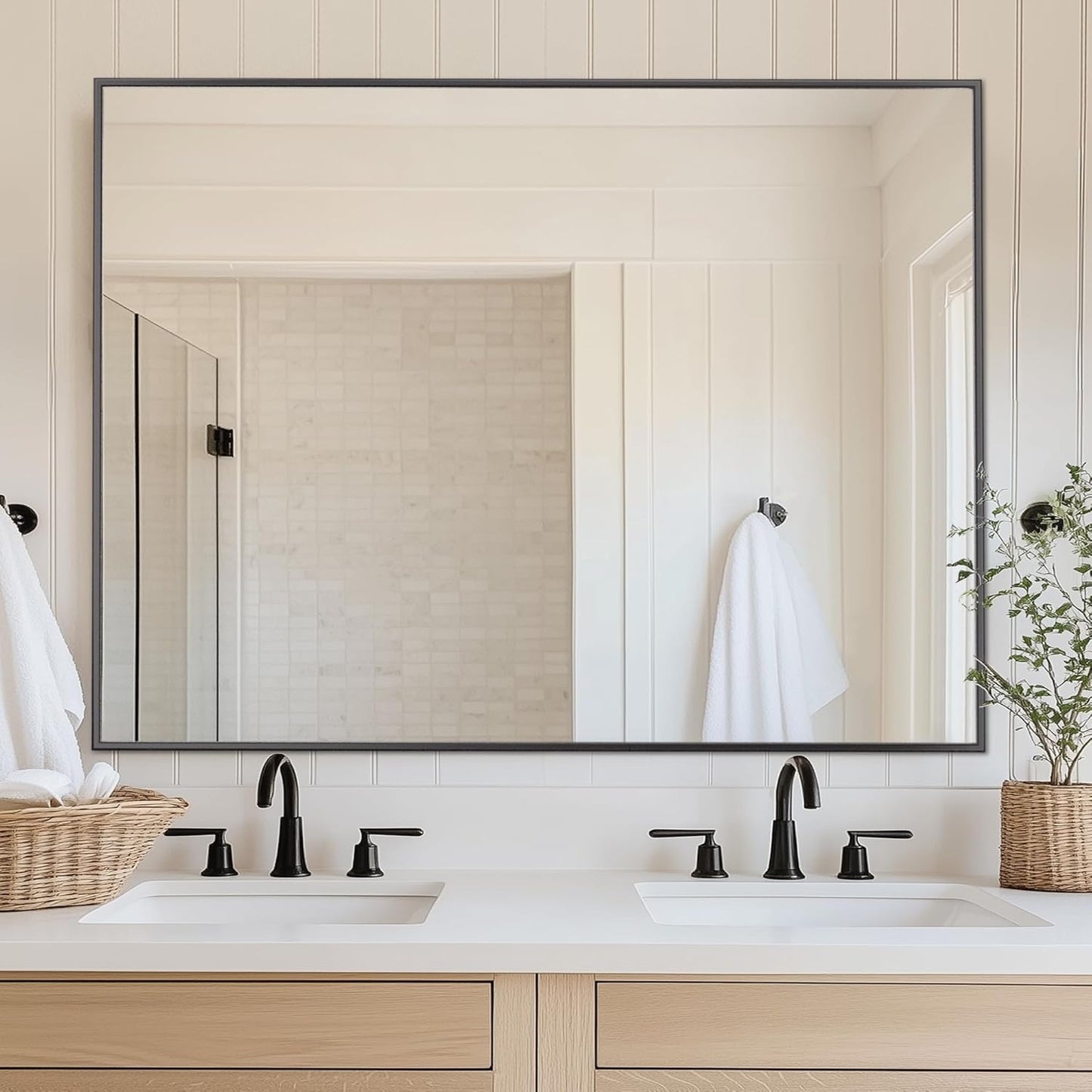 Antok Bathroom Mirror,48"x36" Wall Mirror, Decorative Mirrors Vanity Mirror Aluminum Alloy Frame Contemporary Hanging Mirror for Living Room Bathroom Entryway,Black,Round Corner