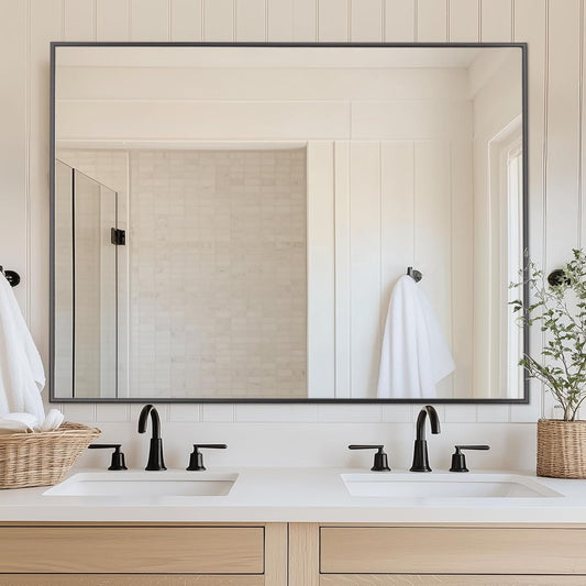 Antok Bathroom Mirror,48"x36" Wall Mirror, Decorative Mirrors Vanity Mirror Aluminum Alloy Frame Contemporary Hanging Mirror for Living Room Bathroom Entryway,Black,Round Corner