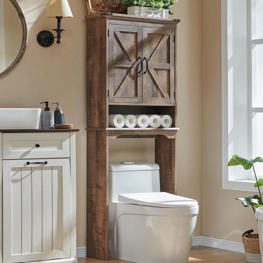 ACCOHOHO Over The Toilet Storage Cabinet, Farmhouse Bathroom Cabinet with Adjustable Shelf & Barn Door, 67" Tall Over The Toilet Shelf, Rustic Brown