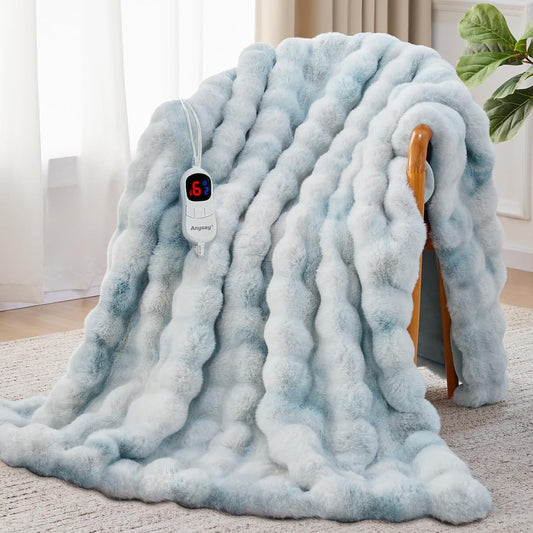 Heated Blanket Full Size with 1/2/4/6/8 Hours Auto-Off 10 Heat Level, 62'' * 84'' Cozy Faux Rabbit Fur Bubble Electric Blanket with Overheat Protection(Tie-Dye Blue)
