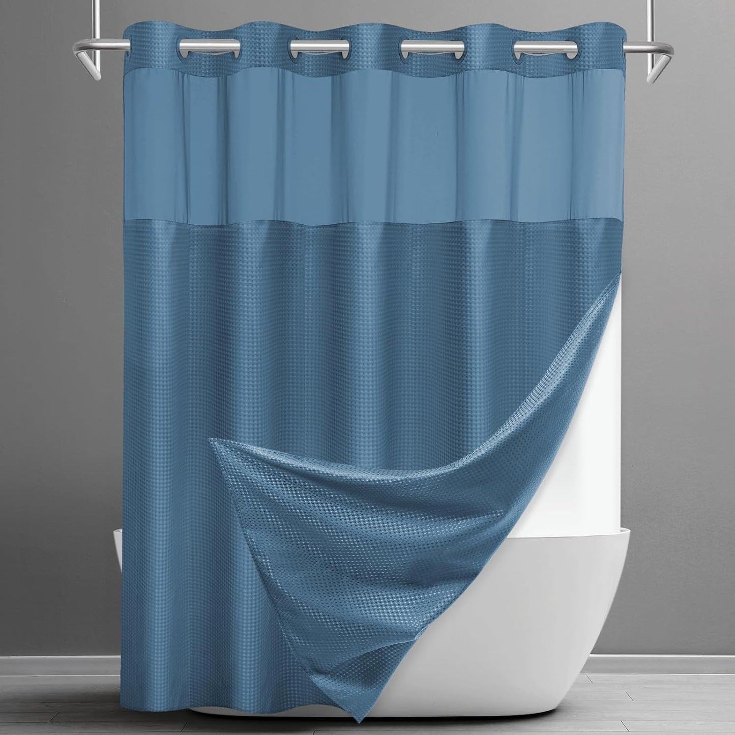 No Hook Shower Curtain with Snap in Liner Set Waffle Shower Curtain for Bathroom Hotel Style Fabric Waterproof Inner Liner，71" W x 74" H, Moonlight Blue