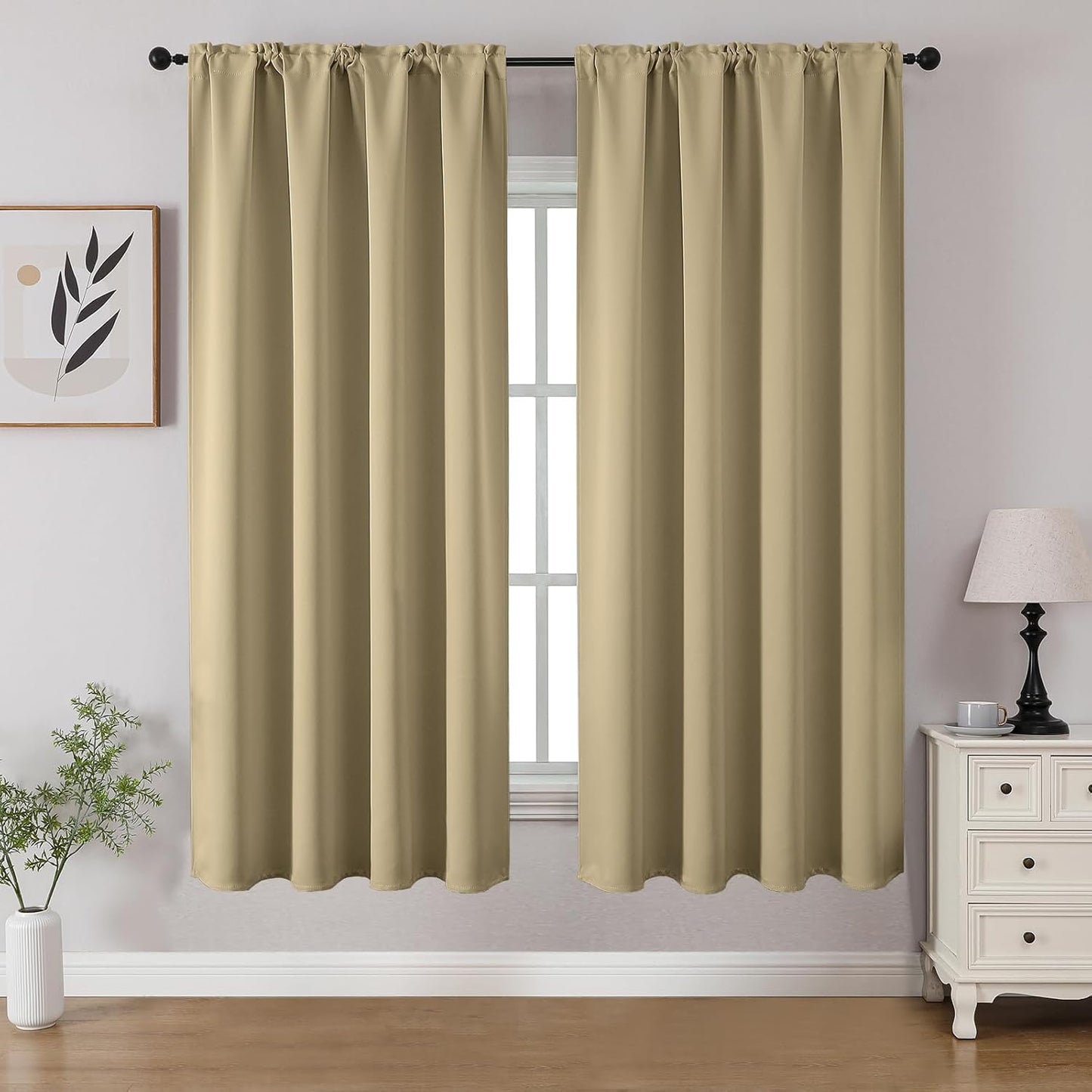 CUCRAF Beige Blackout Curtains 54 inch Length 2 Panels Set, Rod Pocket Room Darkening Drapes for Bedroom Living Room, Insulated Thermal Light Blocking Window Curtain (W52 x L54 Inch)