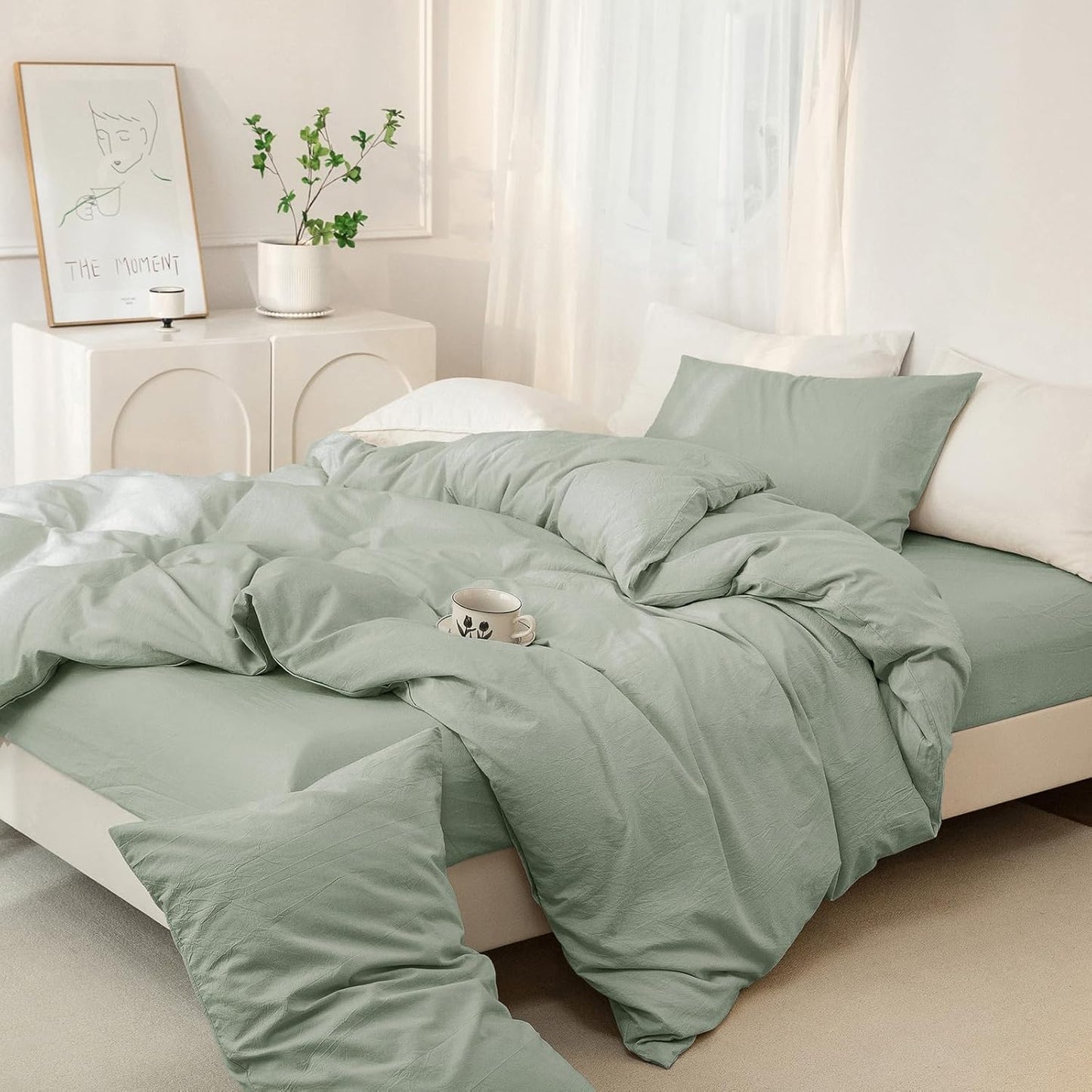 JIYUAN 100% Washed Cotton Duvet Cover Set 3 PCS Oversized King, 1 Duvet Cover 120"x98" (Comforter Not Included) and 2 Pillowcases,Linen Feel Bedding Set Comfy and Breathable, Heathered Sage Green