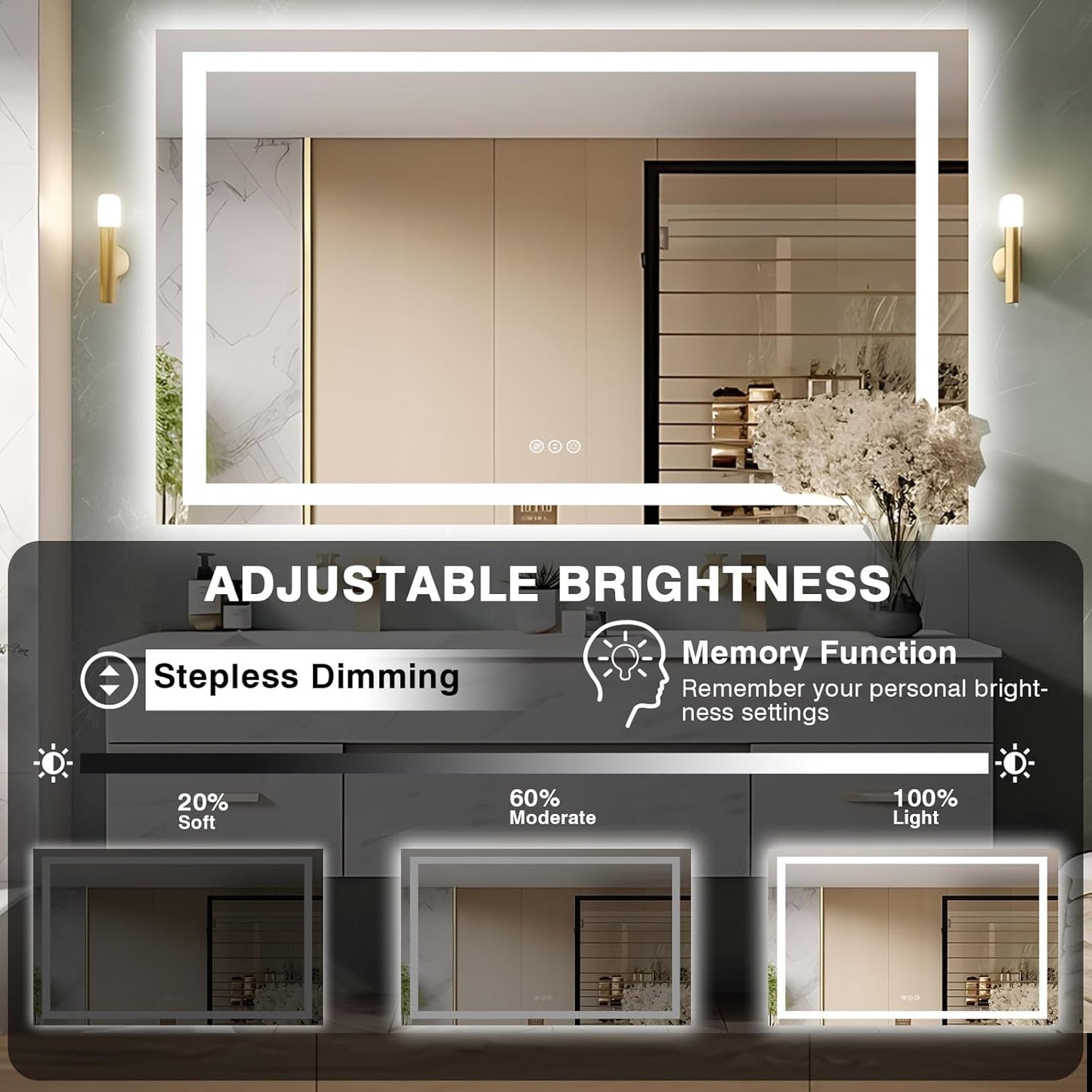 57"x36" Light Mirror for Bathroom (Front and Backlit), Anti-Fog Bathroom Vanity Mirror, Stepless Dimmable Lighted Mirror, Tempered Glass, Memory (Horizontal/Vertical)