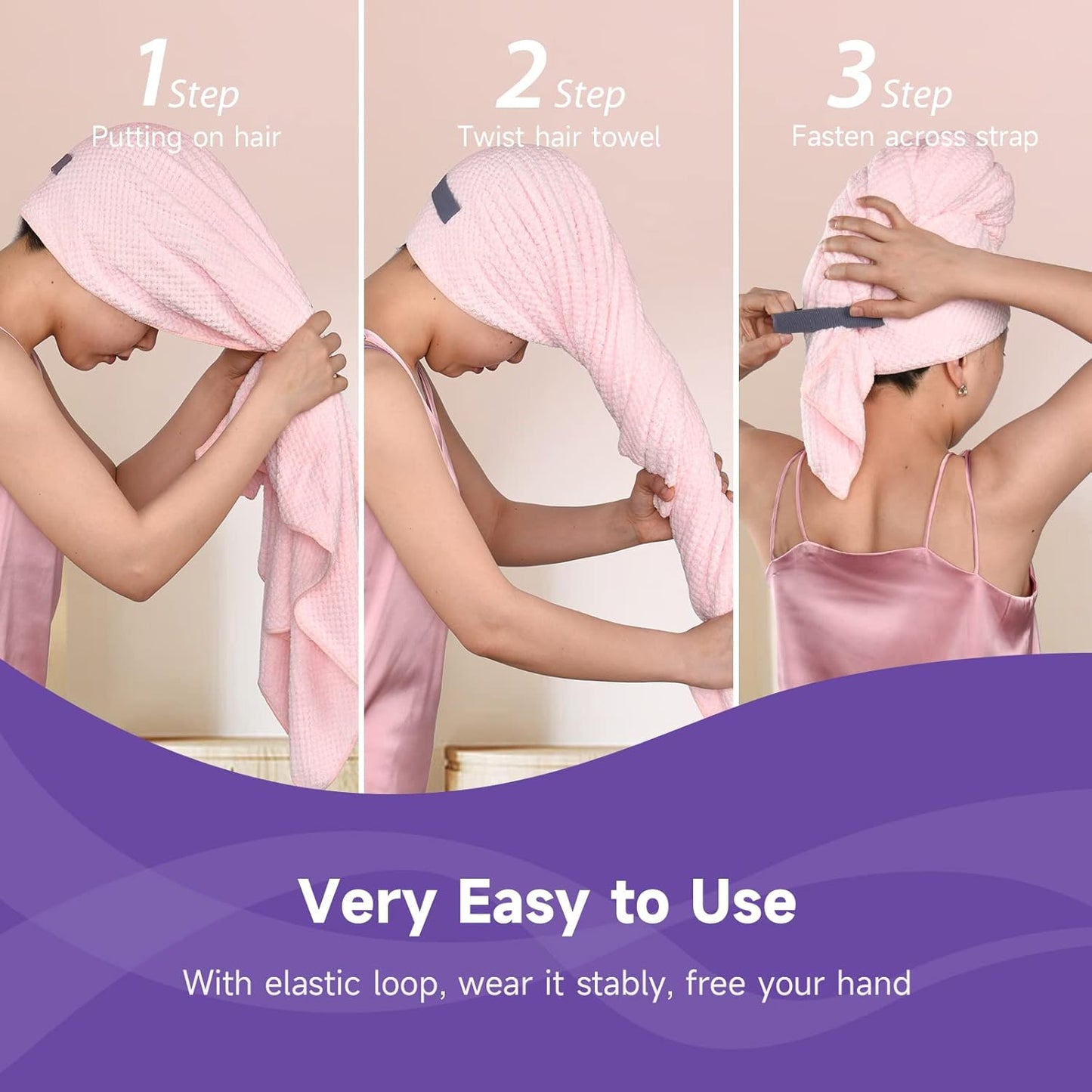 Umisleep Extra Large Microfiber Hair Towel for Women Curly, Long, Thick Hair, 2 Pack Ultra Absorbent Hair Drying Towel Wrap, Super Soft Anti Frizz Hair Turban with Elastic Loop (White, Pink)