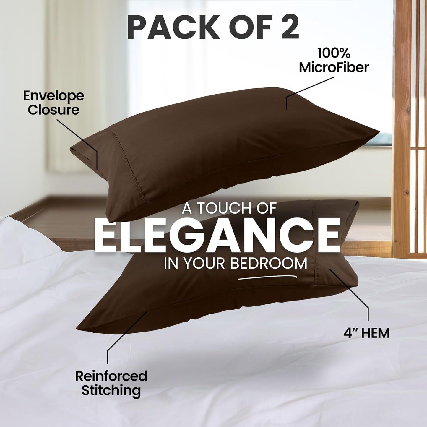 Utopia Bedding Pillow Cases Standard Size 2-Pack – Soft Brushed Microfiber – Envelope Closure – Perfect for Hospitals, Hotels, Guest Rooms – Oeko-TEX Certified, 20x26 Inches (Brown)