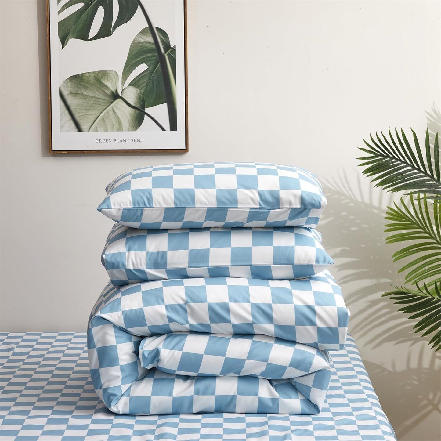 karever Blue White Grid Comforter Set King Blue Plaid Bedding Set Women Blue and White Checkered Bed Comforter Set Breathable Blanket Set Men Durable Bedding Comforter Set,King(104''* 90'')