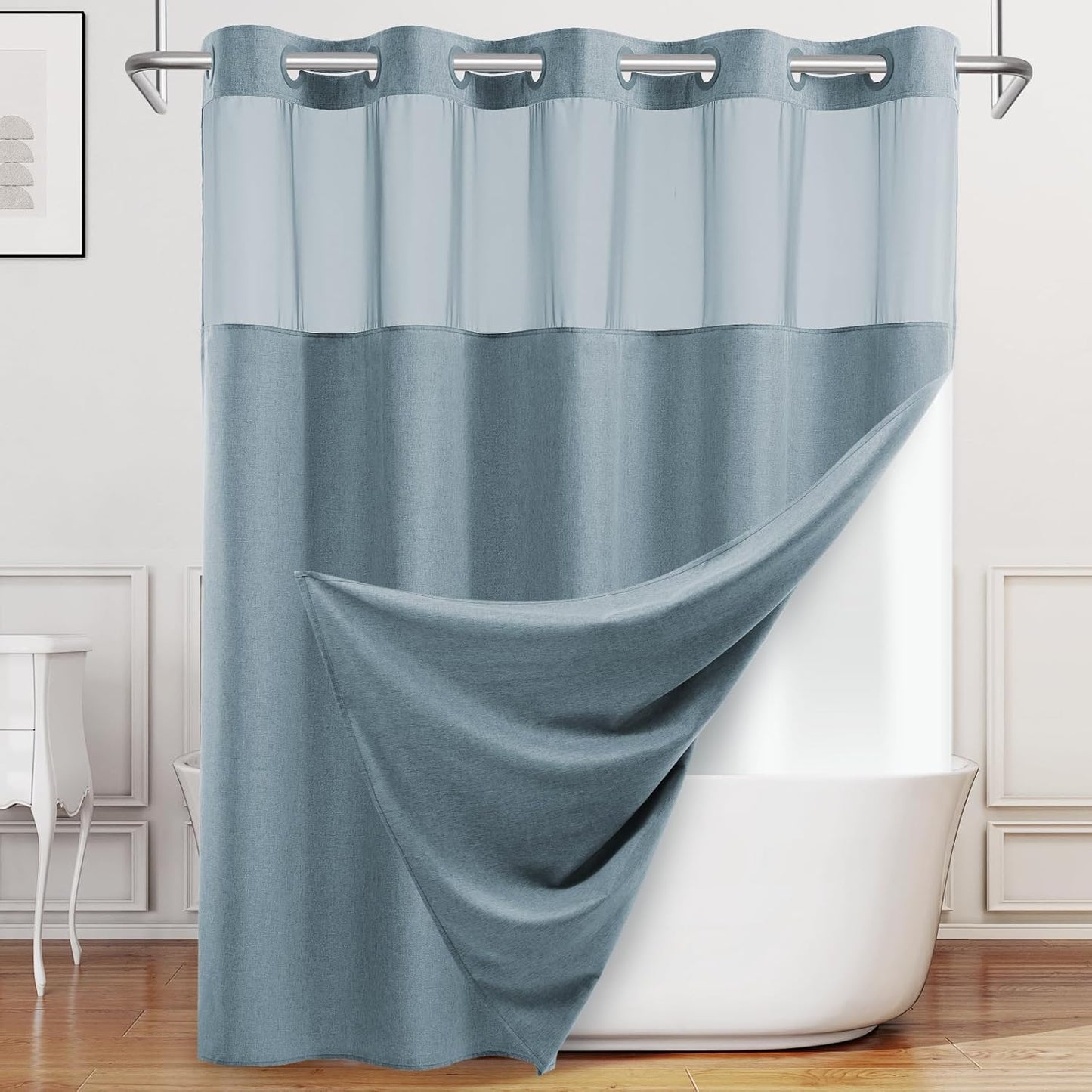 No Hook Dusty Blue Shower Curtain and Liner, Linen-Look Polyester Textured Shower Curtain with Snap in Liner, Waterproof & Washable Bath Curtains for Bathroom, 71Wx74H