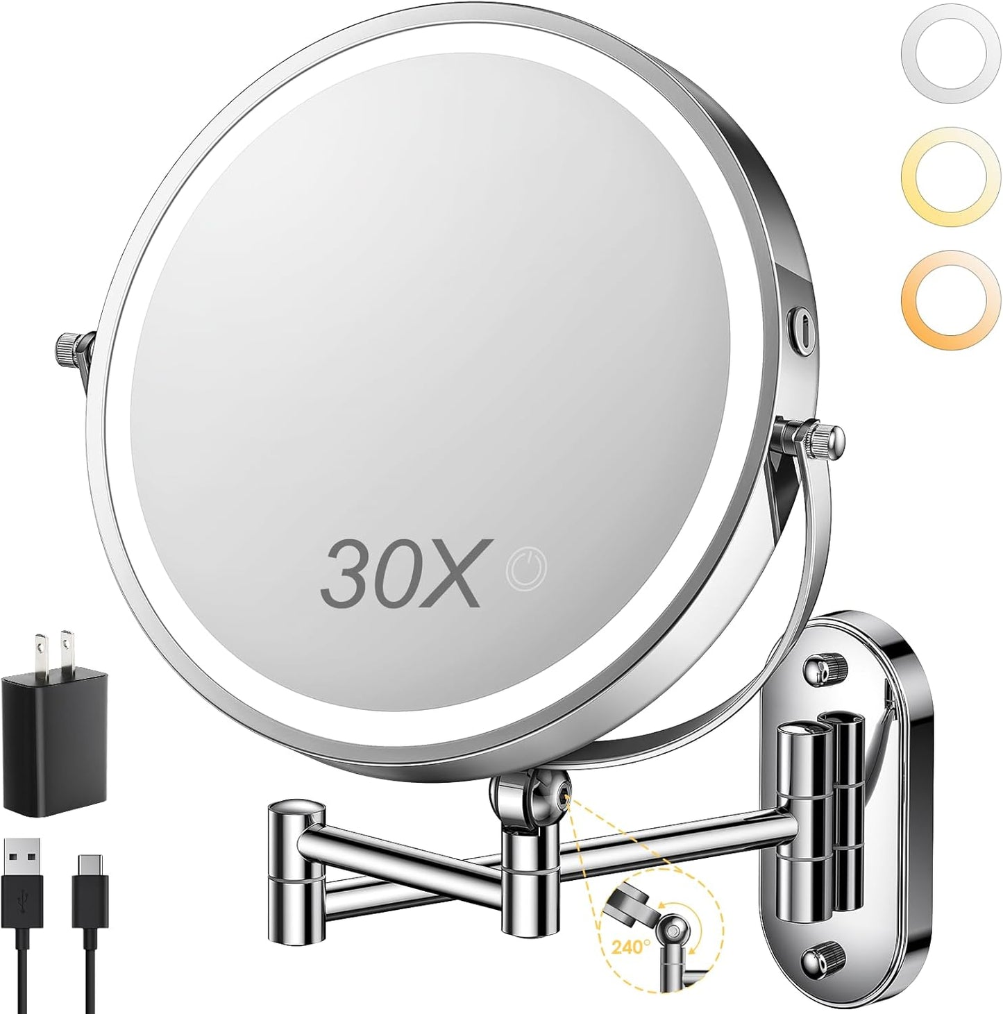 9" Wall Mounted Lighted Makeup Mirror,4000mAh Rechargeable Double Sided 1X/30X Magnifying Mirror with Light,Touch Dimmable,Extended Arm 360 Rotation Wall Mounted Makeup Mirror 3 Color Lights-C