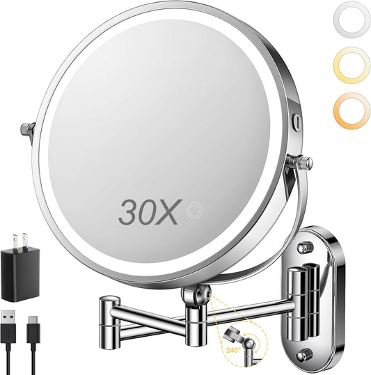 9" Wall Mounted Lighted Makeup Mirror,4000mAh Rechargeable Double Sided 1X/30X Magnifying Mirror with Light,Touch Dimmable,Extended Arm 360 Rotation Wall Mounted Makeup Mirror 3 Color Lights-C