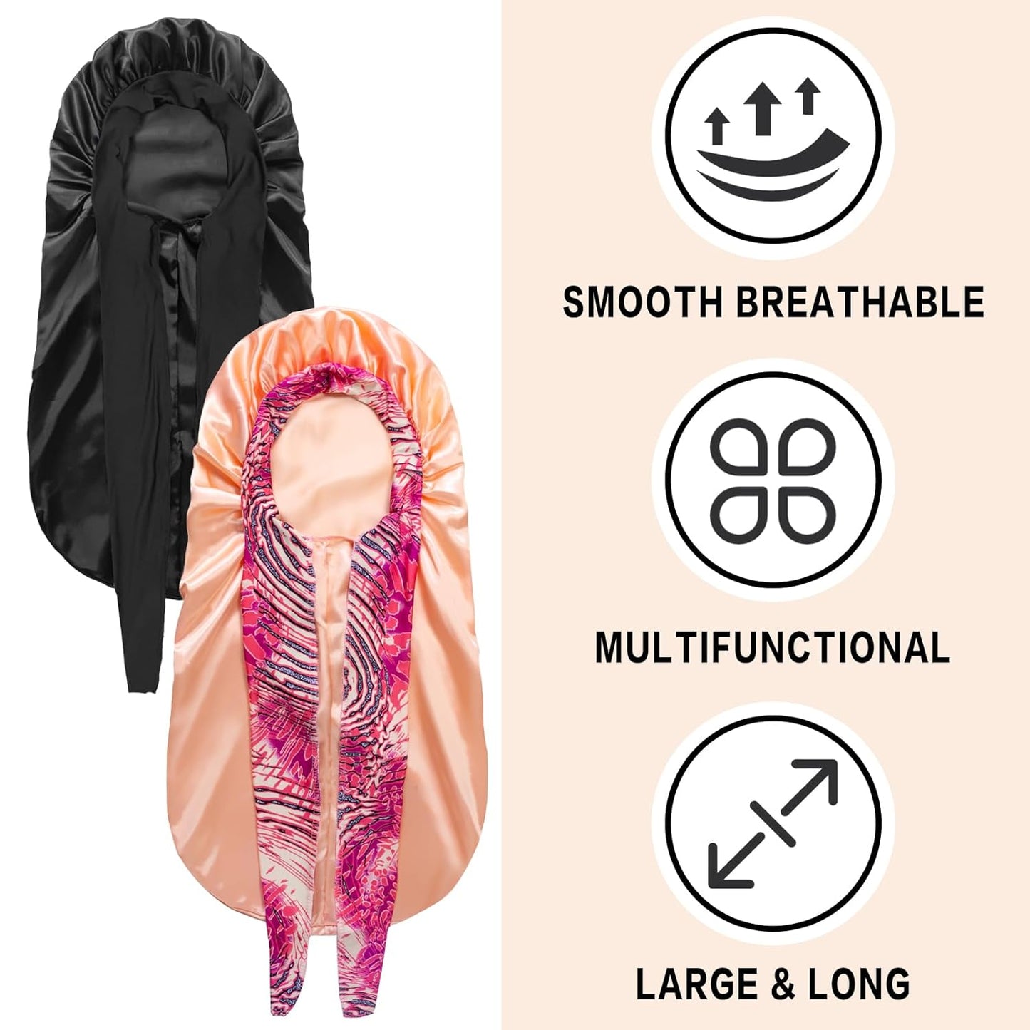 2Pcs Bonnets for Women Sleeping Braid Bonnet, Large Long Satin Silk Bonnet for Braids,Black Women Braid Bonnet with Stretchy Tie Band for Sleeping Extra Long (Black & Golden Pattern)