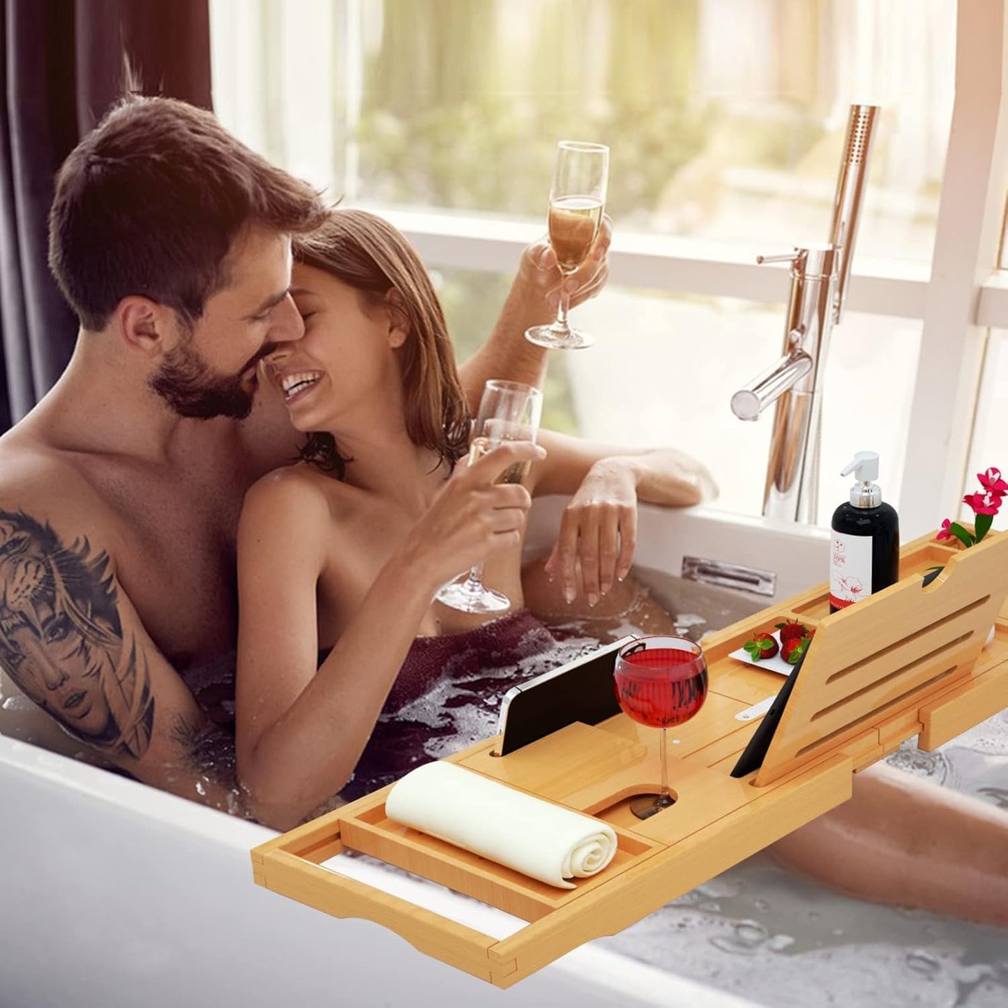 Premium Expandable Bamboo Bathtub Tray Caddy - Fits Most Bath Tubs
