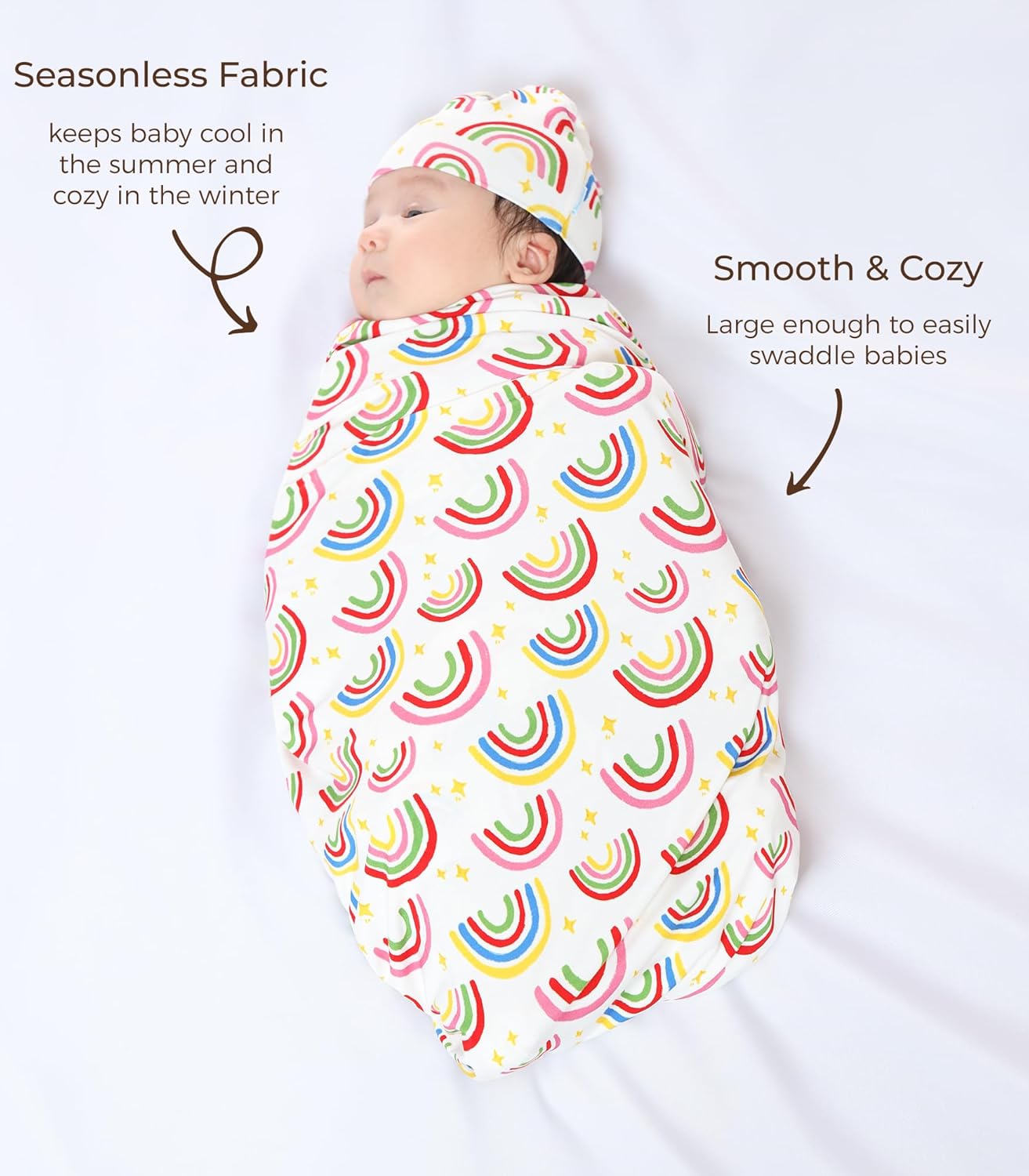 Newborn Swaddle Blanket with Hat Set,Unisex Baby Receiving Blanket Nursery Wrap for Girls and Boys, Viscose Made from Bamboo Rainbow One Size