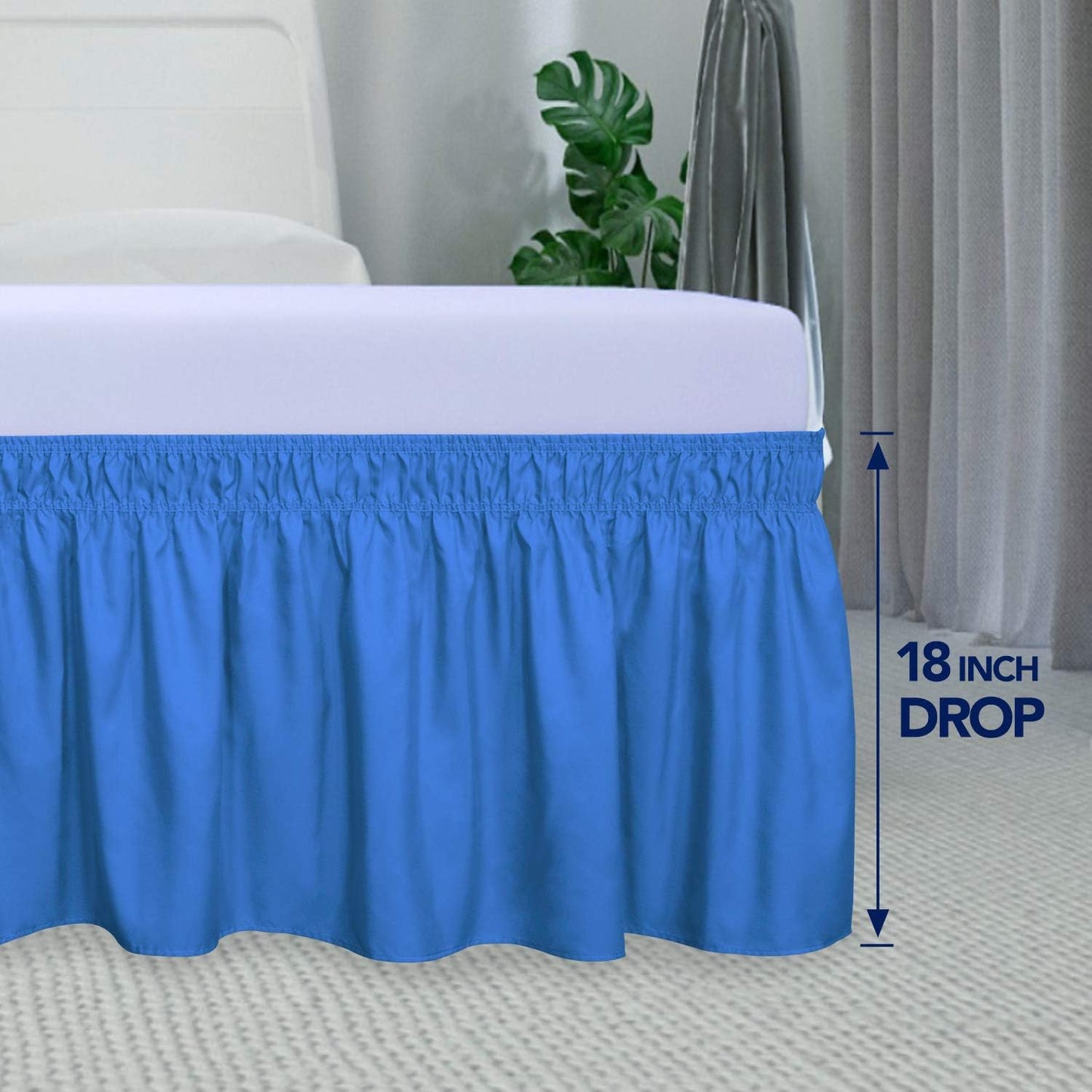PureFit Wrap Around Ruffled Bed Skirt with Adjustable Elastic Belt - 18 Inch Drop Easy to Put On, Wrinkle Free Bedskirt Dust Ruffles, Bed Frame Cover for Queen, King and C-King Size Beds, Blue