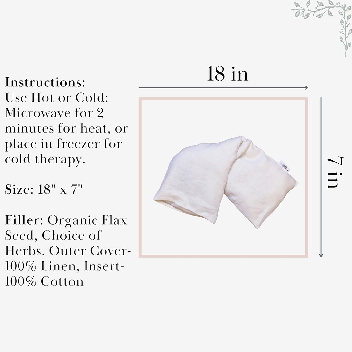 Sacksy Thyme Microwave Heating Pad - 100% Linen Cover, Unscented, Size 18x7, Comforting Heat Pad for Cramps, Back,Neck,Shoulders, Leg Pain, Hot Microwavable Heat Pack, Color: Natural, Made in USA
