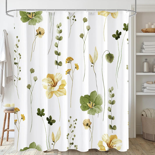 Gibelle Watercolor Floral Shower Curtain, Olive Green Beige Flower Shower Curtain for Bathroom, Modern Minimalist Waterproof Fabric Shower Curtain Set with Hooks 72x72 Inch