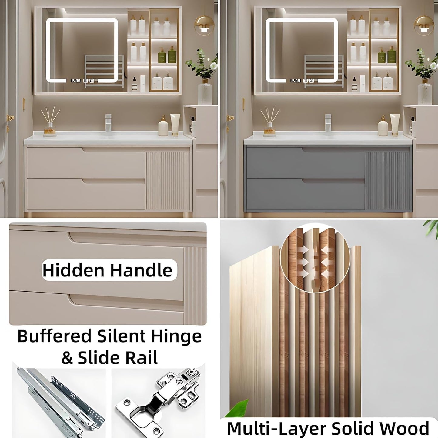 Cream Grey Sophisticated Bathroom Vanity - Bathroom Vanity with Smart Storage & Mirror Cabinet, Defogging, LED Light | Wall-Mounted Bathroom Storage Cabinet & Bathroom Vanity with Sink (Grey, 56IN)