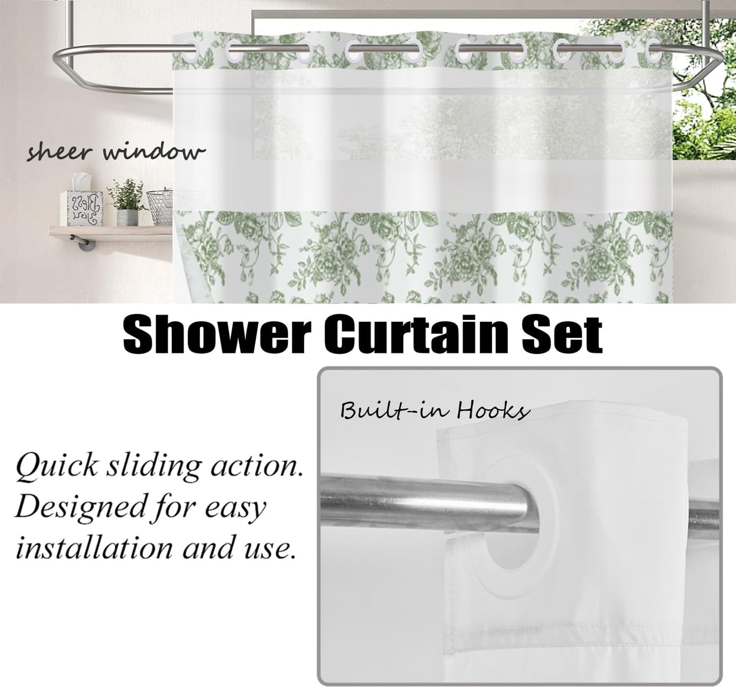 Floral Shower Curtain No Hooks with Snap in Fabric Liner Set,Spring Farmhouse Shower Curtain Hotel Bathroom Decor,with See Through Top Window,Green Flowers Fabric Waterproof,71x74 Inch